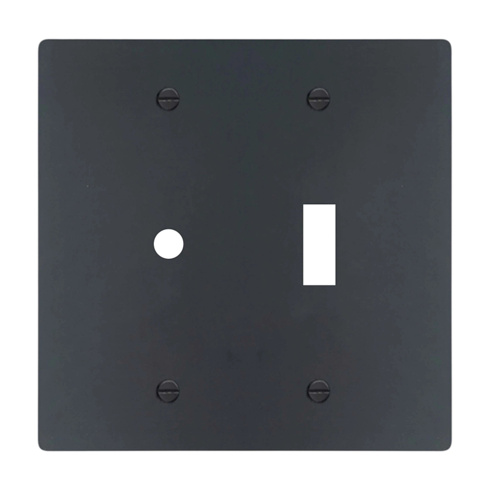 2-gang solid brass wall plate in matte black finish, rotary dimmer plus toggle opening