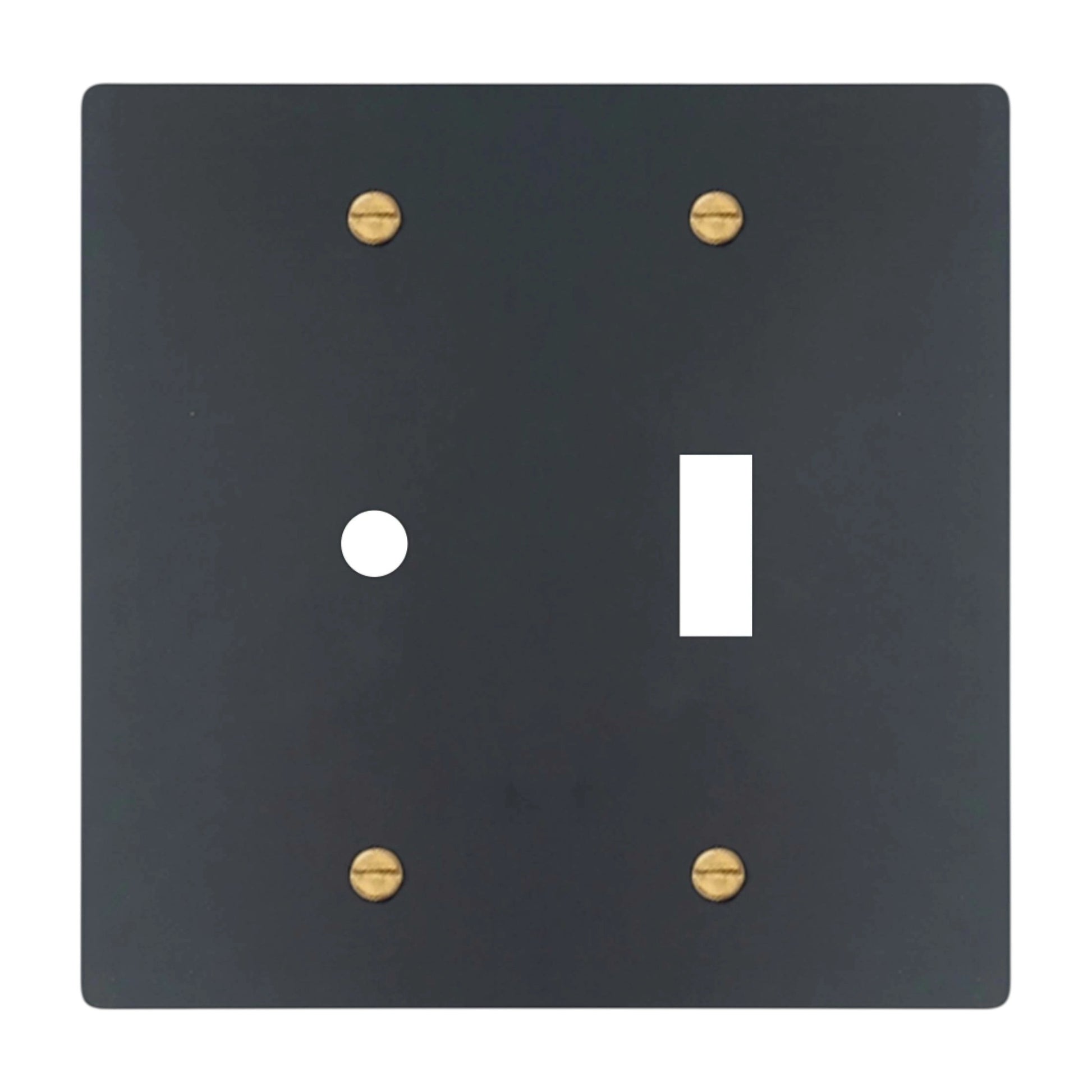 2-gang solid brass wall plate in matte black finish, rotary dimmer plus toggle opening
