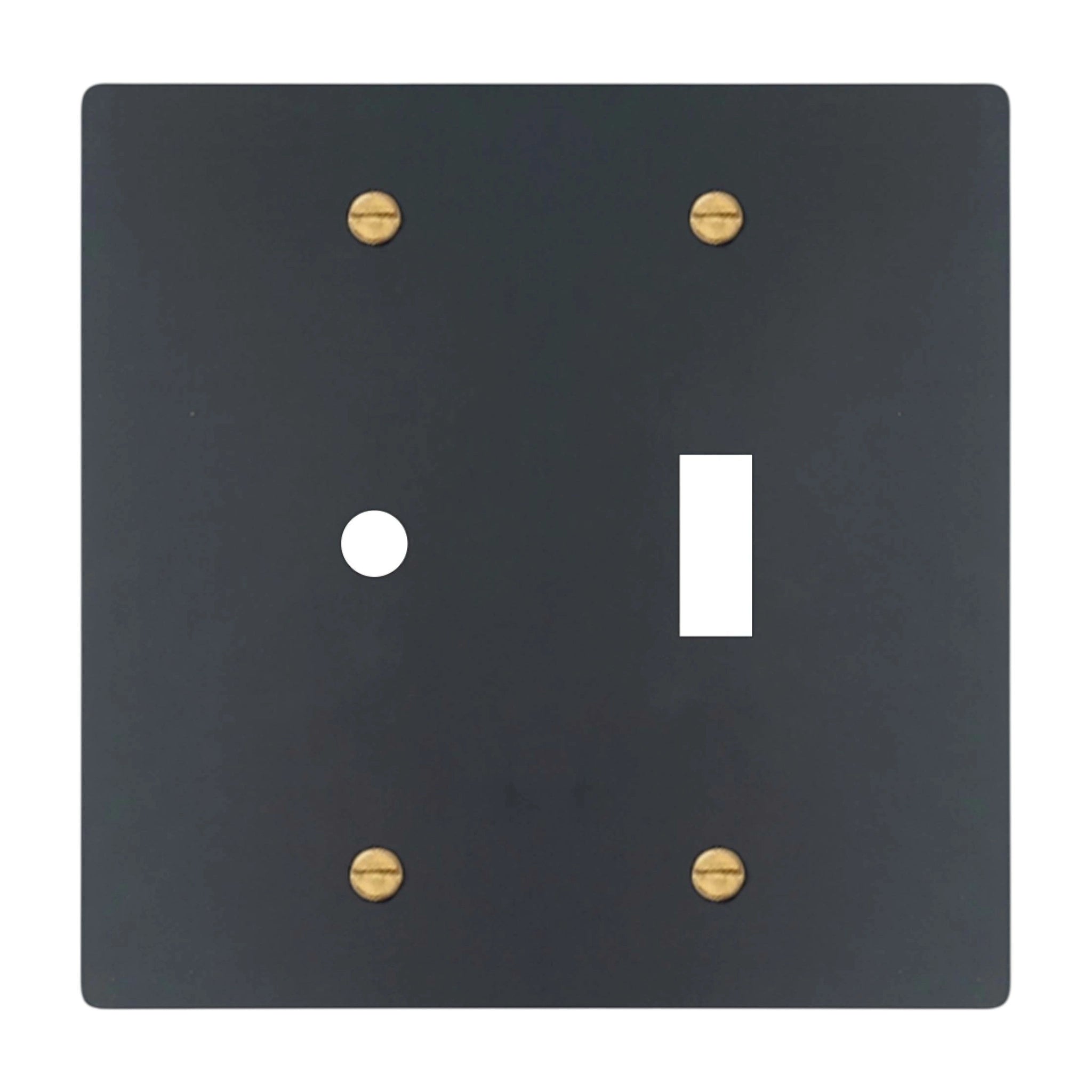 2-gang solid brass wall plate in matte black finish, rotary dimmer plus toggle opening