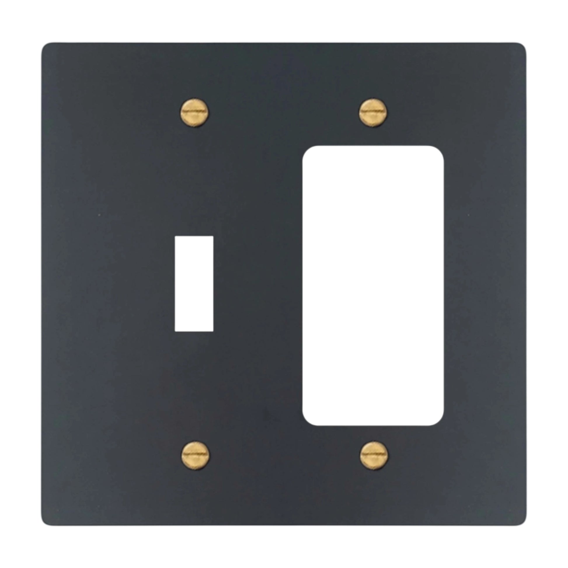 2-gang solid brass wall plate in matte black finish, toggle plus decora outlet opening