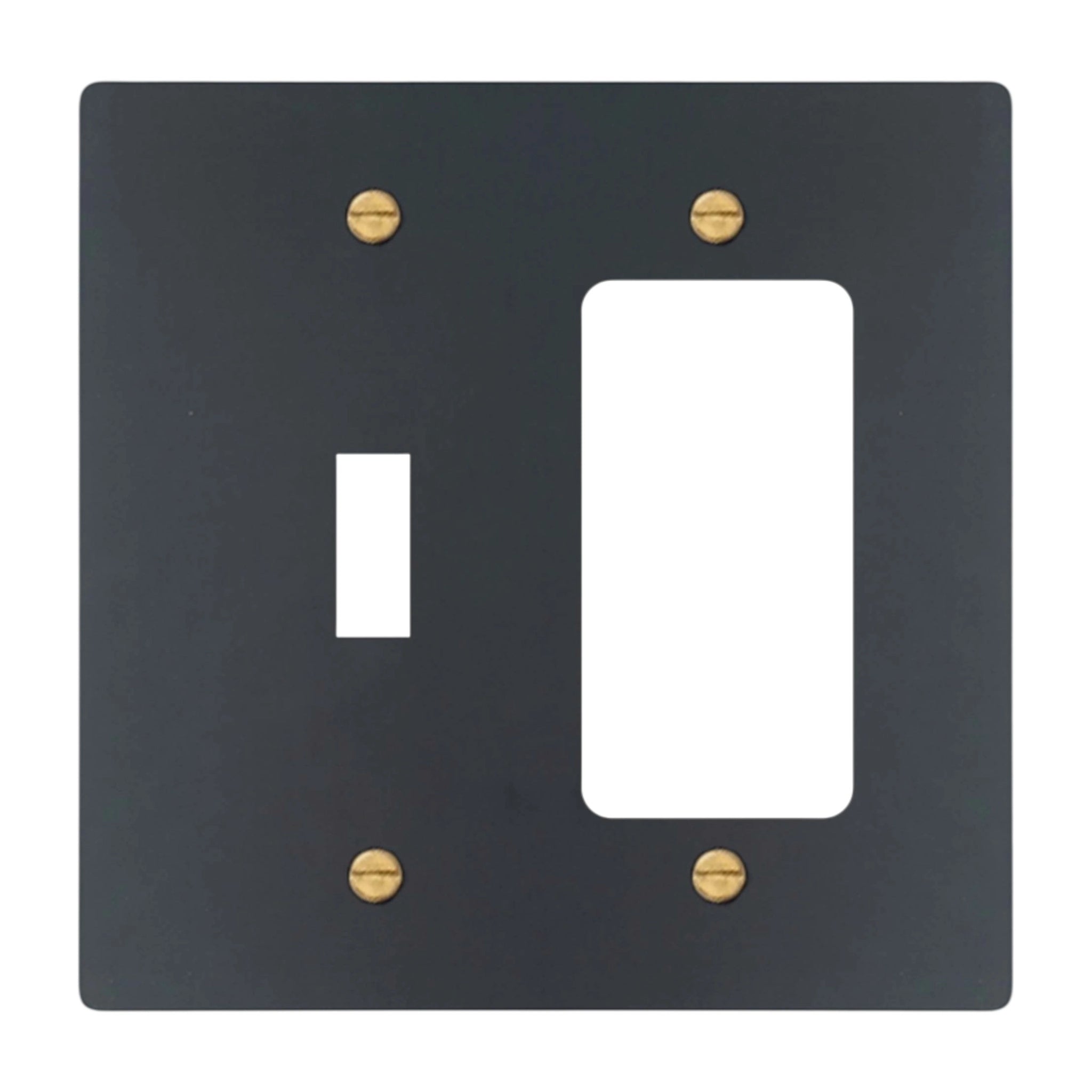 2-gang solid brass wall plate in matte black finish, toggle plus decora outlet opening