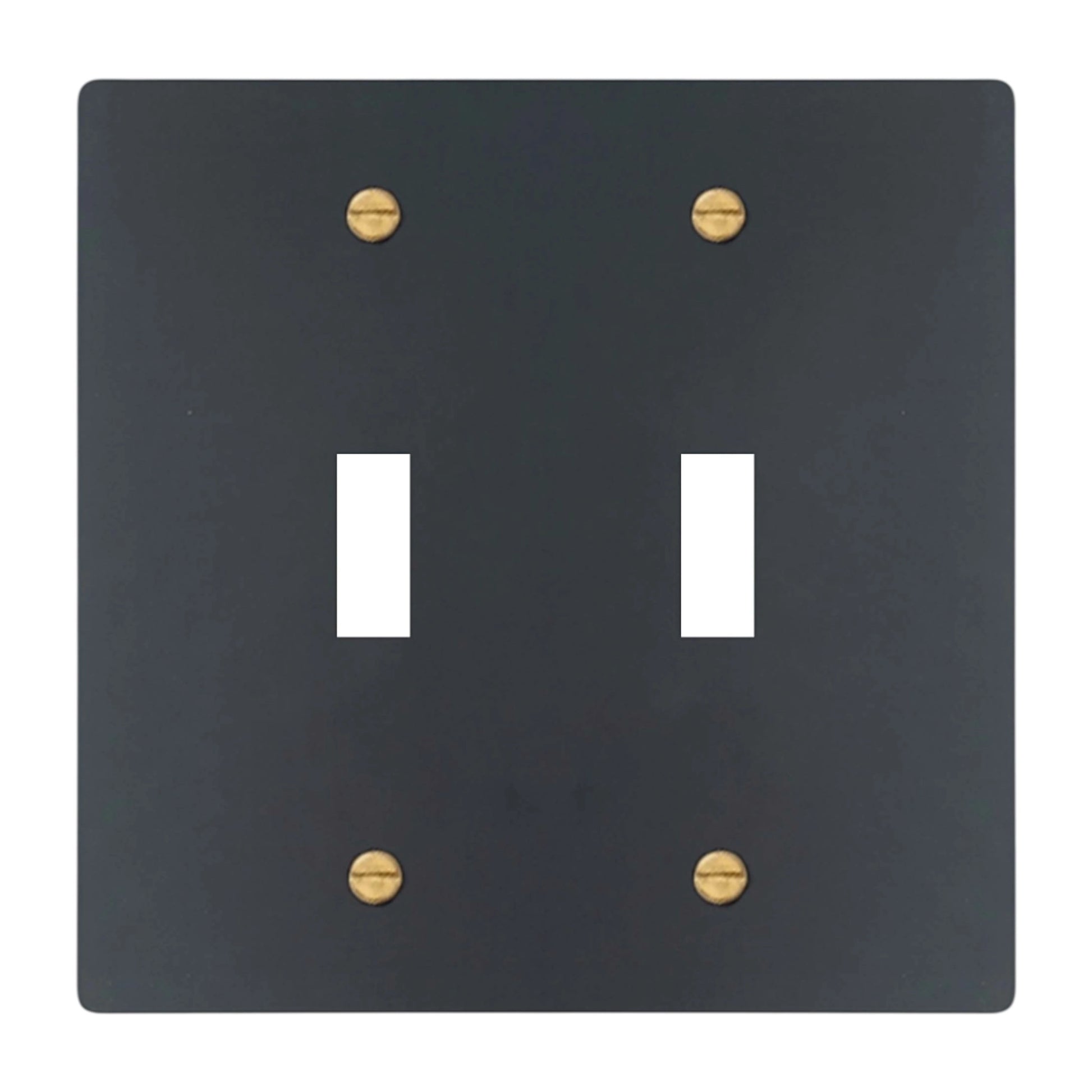 2-gang solid brass wall plate in matte black finish, double toggle opening with brass screws