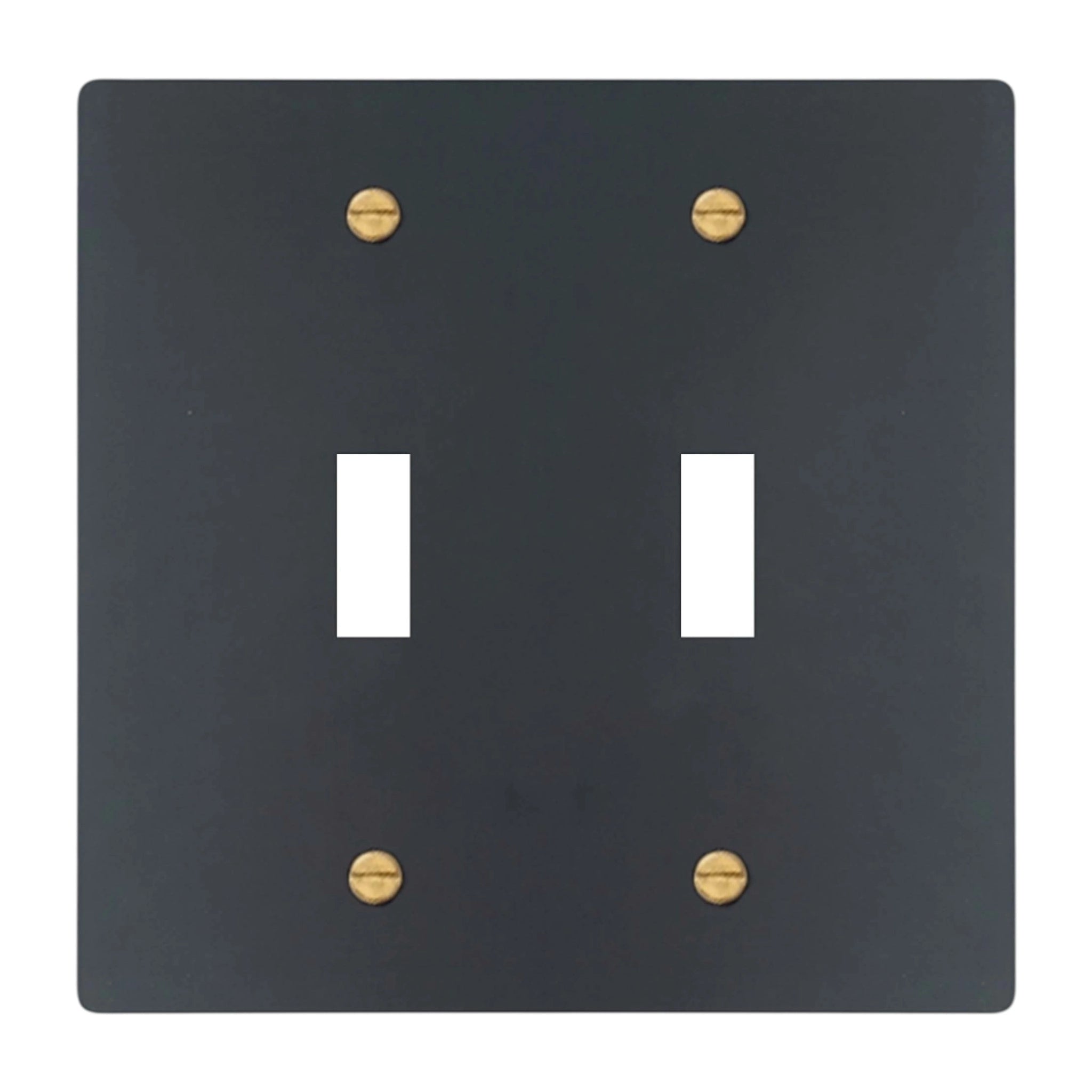2-gang solid brass wall plate in matte black finish, double toggle opening with brass screws