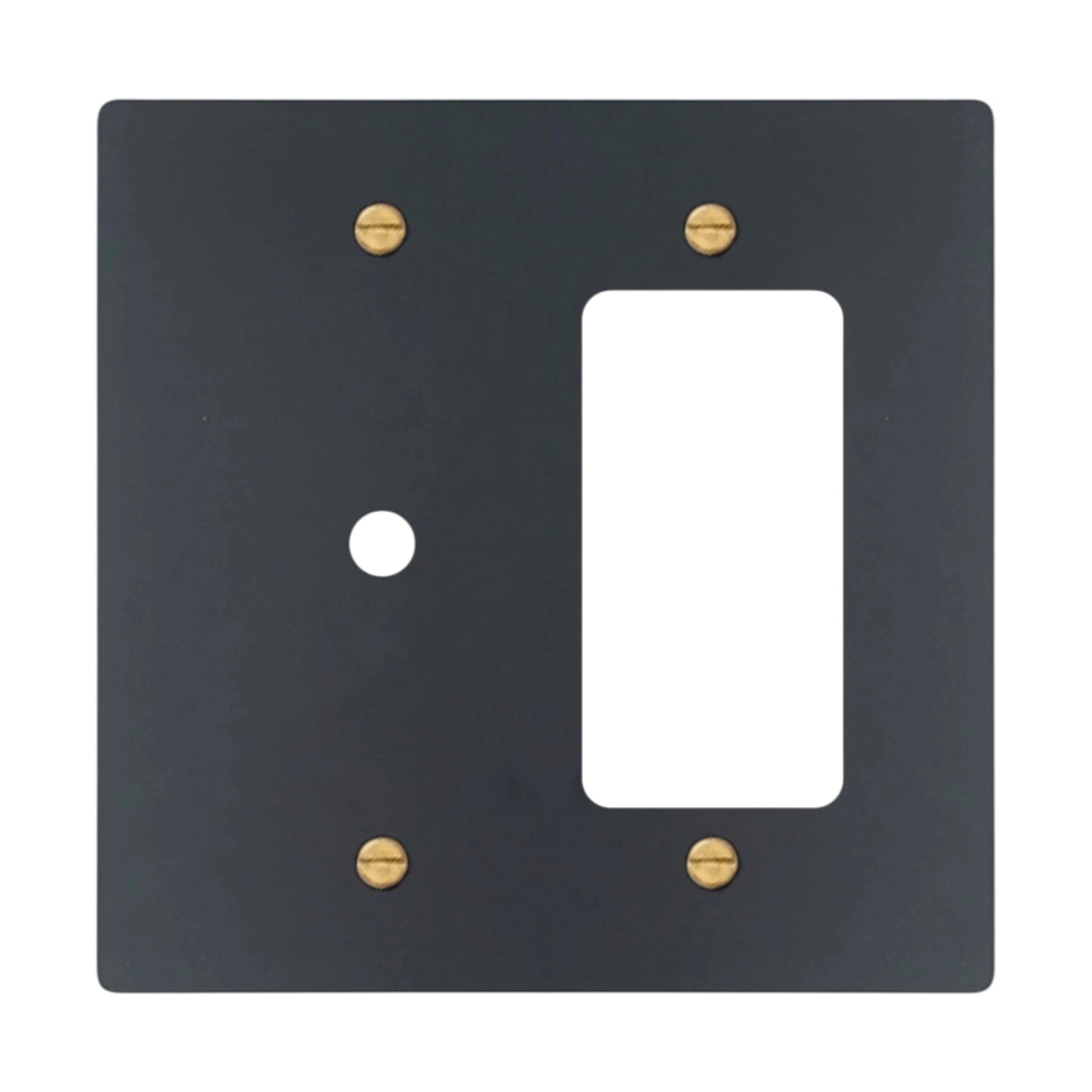 2-gang solid brass wall plate in matte black finish, rotary dimmer plus decorator outlet opening