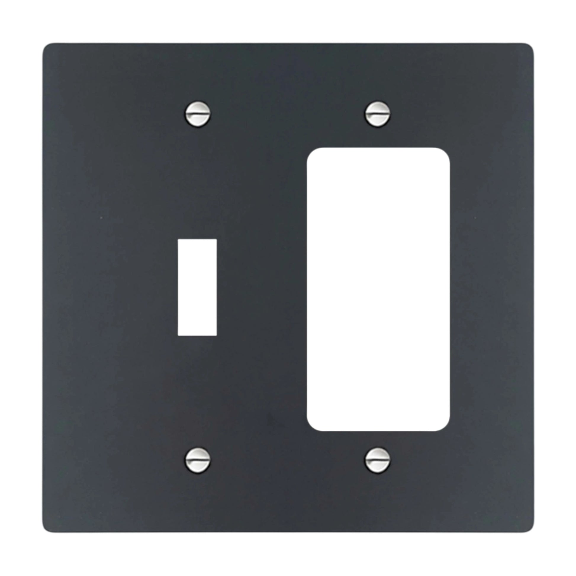 2-gang solid brass wall plate in matte black finish, toggle plus decora outlet opening