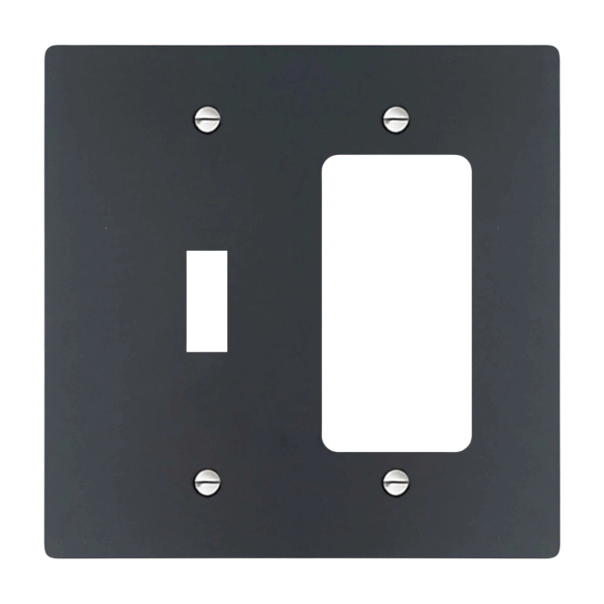2-gang solid brass wall plate in matte black finish, toggle plus decora outlet opening