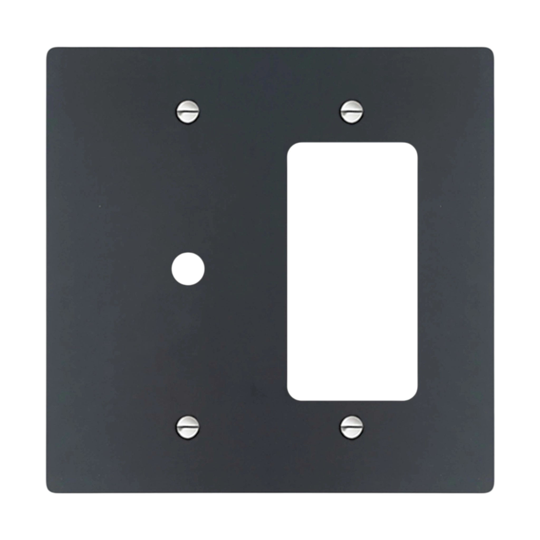 Black wall plate with a single white rocker switch on a white background