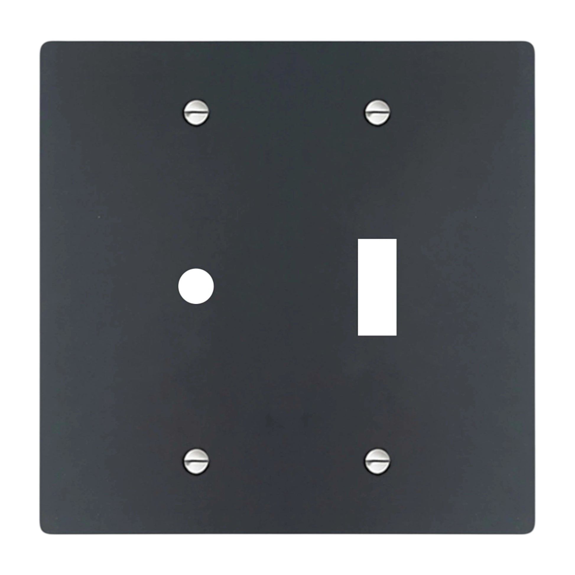 2-gang solid brass wall plate in matte black finish, rotary dimmer plus toggle opening