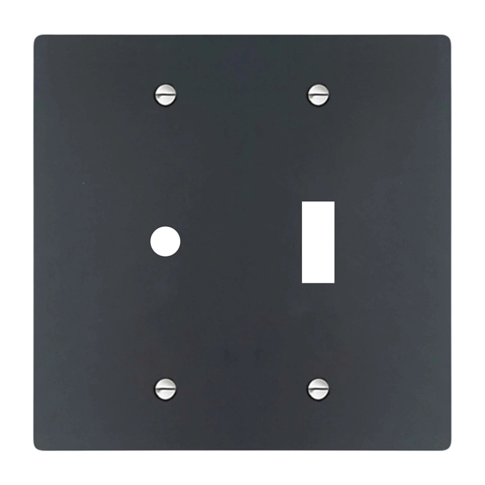 2-gang solid brass wall plate in matte black finish, rotary dimmer plus toggle opening