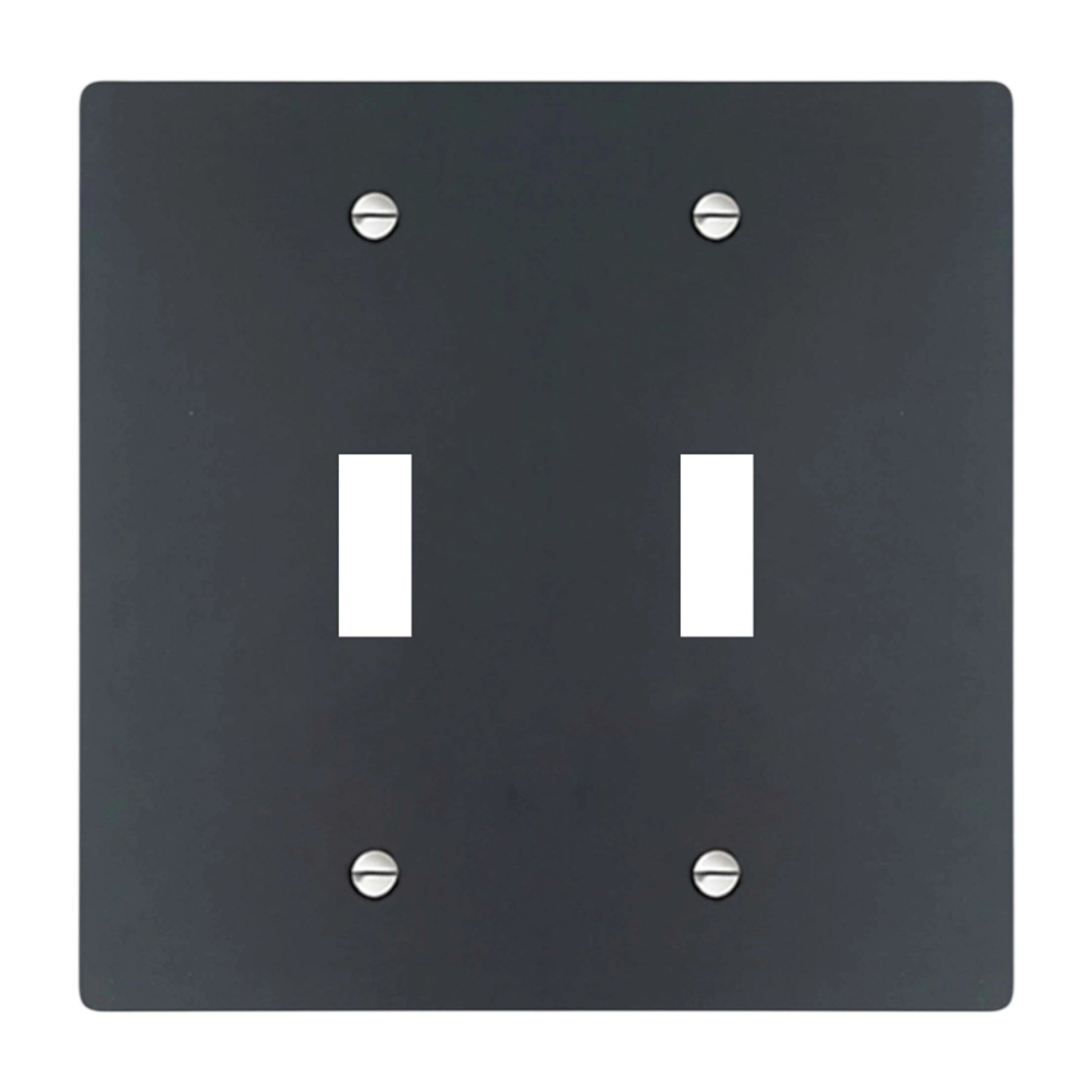 2-gang solid brass wall plate in matte black finish, double toggle opening with silver screws