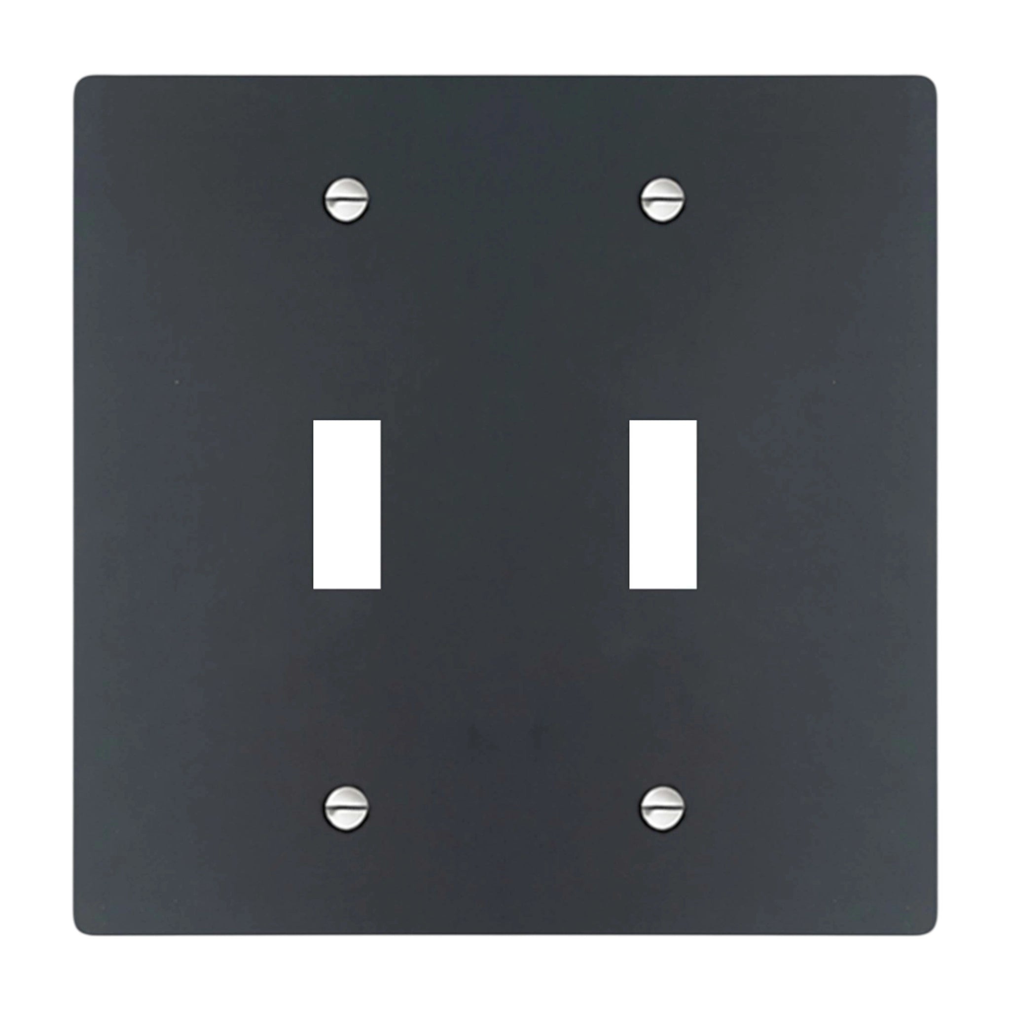 2-gang solid brass wall plate in matte black finish, double toggle opening with silver screws