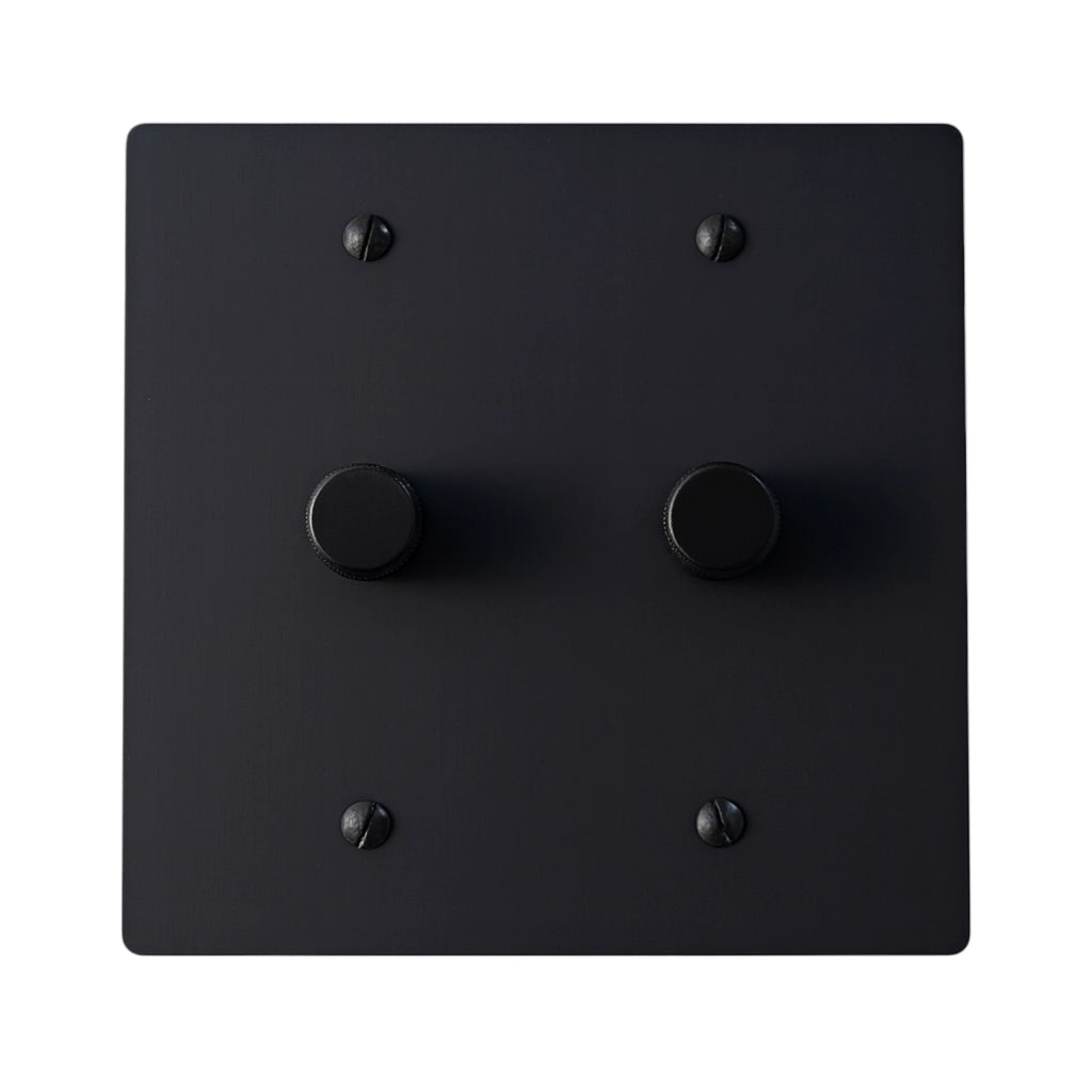 Matte black double dimmer switch with two rotary knobs — sleek dual light dimmer plate for modern interiors