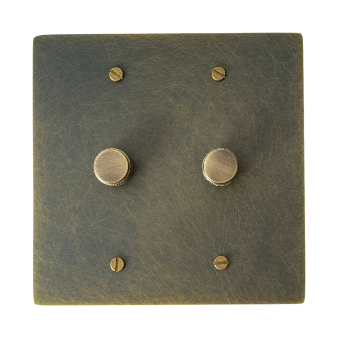 2 gang Bronze brass dimmer switch plate with antique knob on a white background