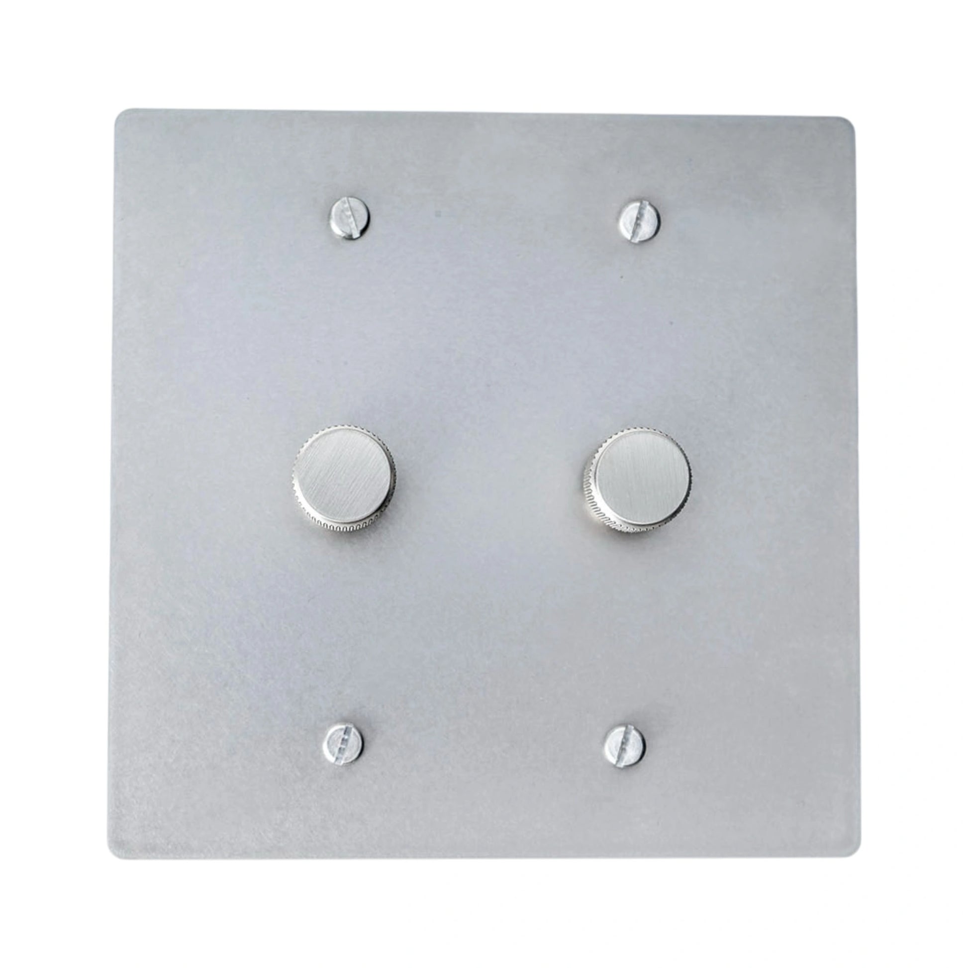 Two gang brushed nickel dimmer light switch plate with dual rotary knobs and sleek finish.