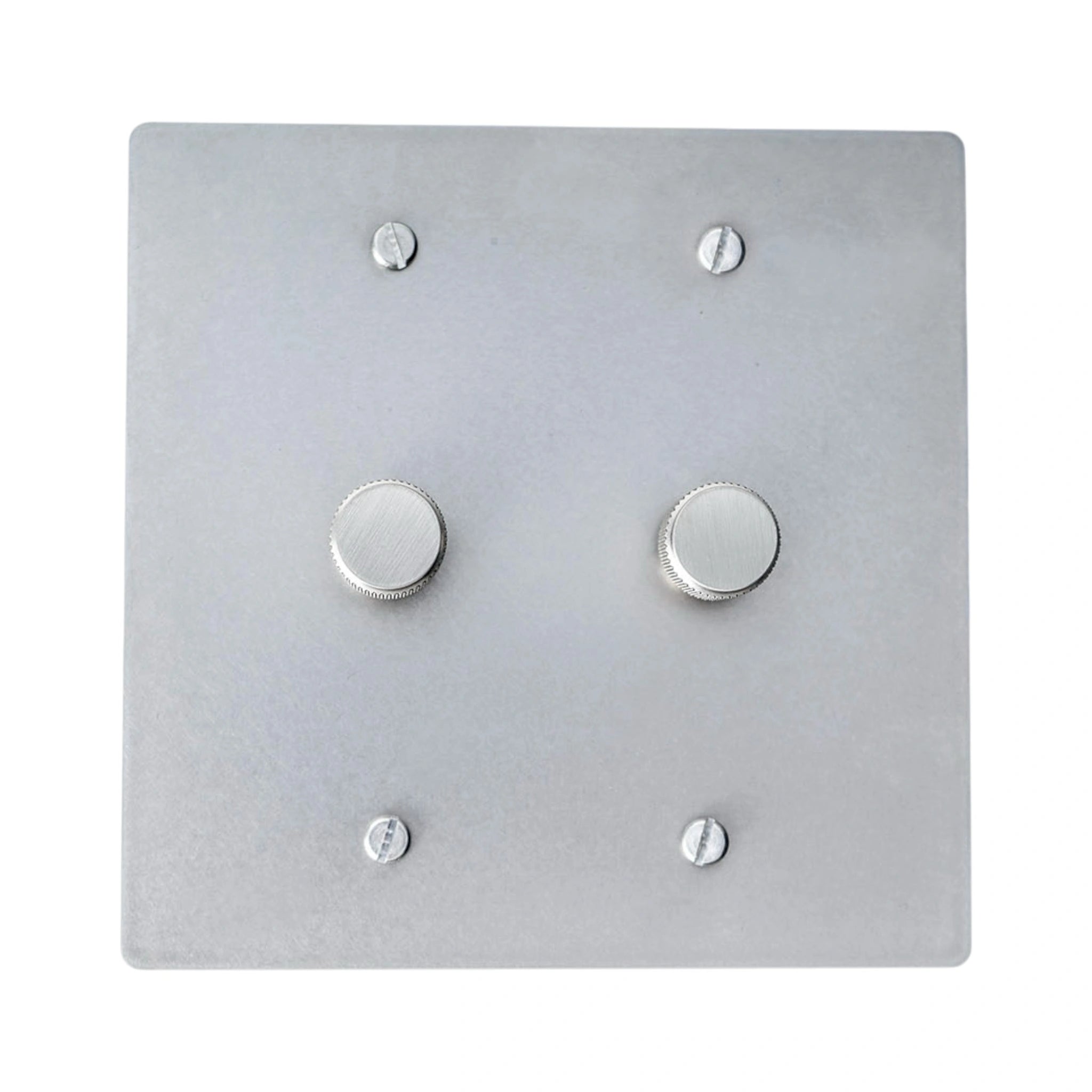 Two gang brushed nickel dimmer light switch plate with dual rotary knobs and sleek finish.