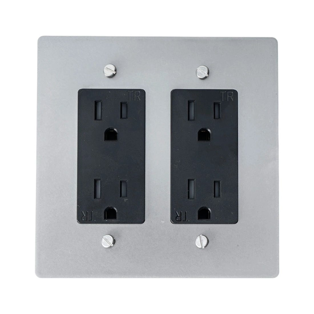 Gray wall plate with two black outlets on a white background