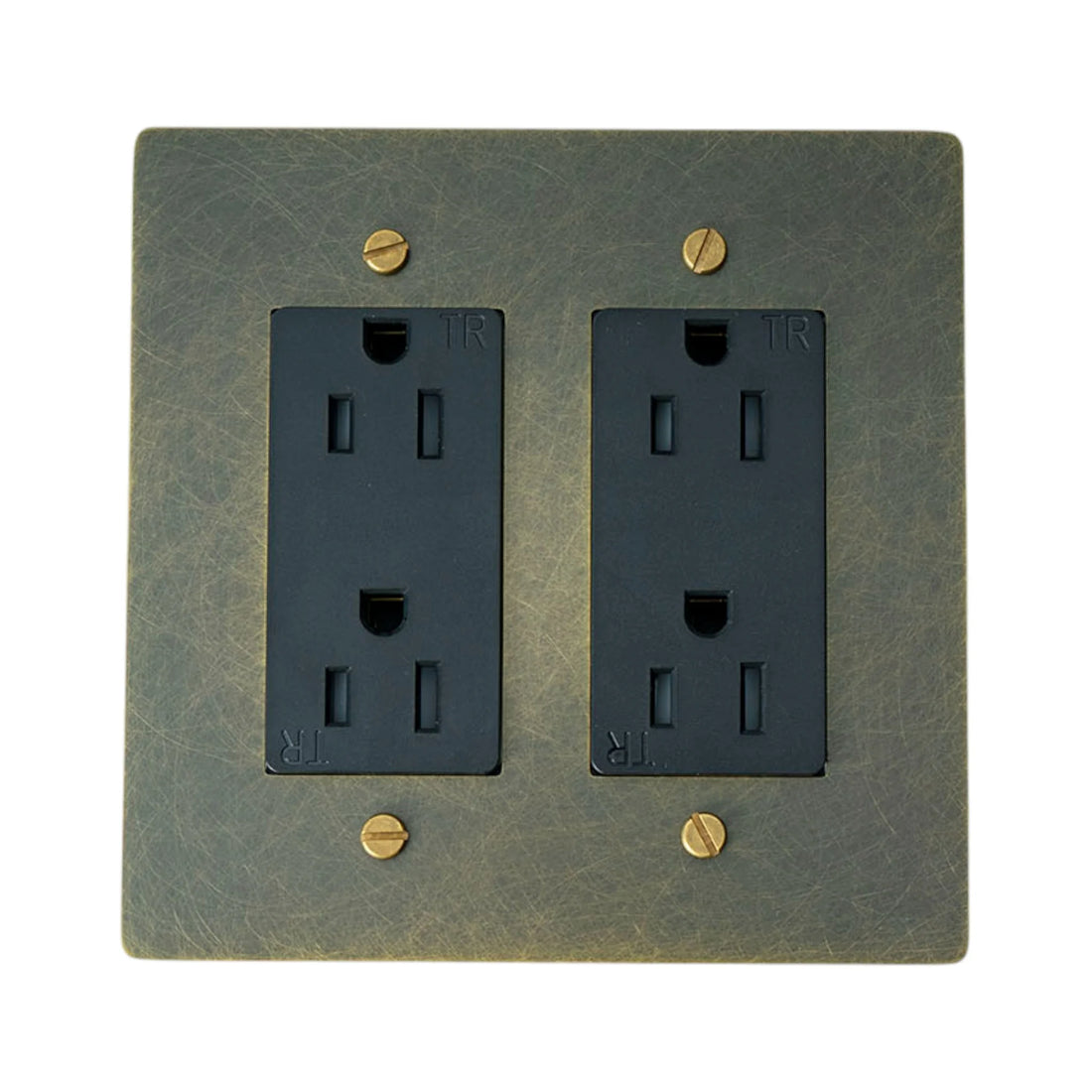 Aged bronze Solid brass 2-gang duplex outlet with TR receptacles – GetSwitches on a white background