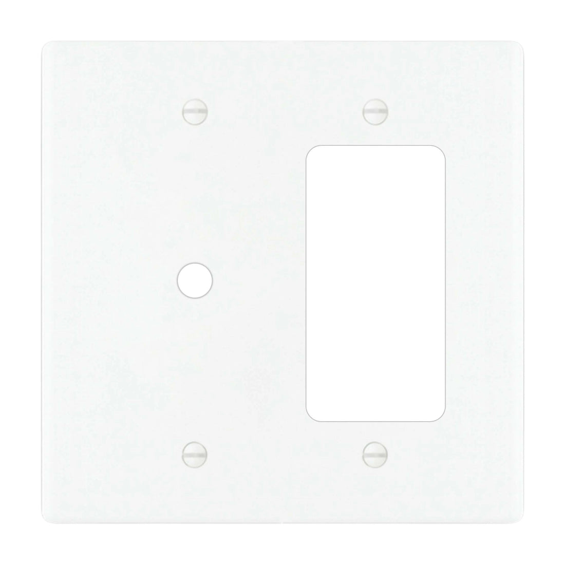 2-gang solid brass wall plate in white finish, rotary dimmer plus decorator outlet opening