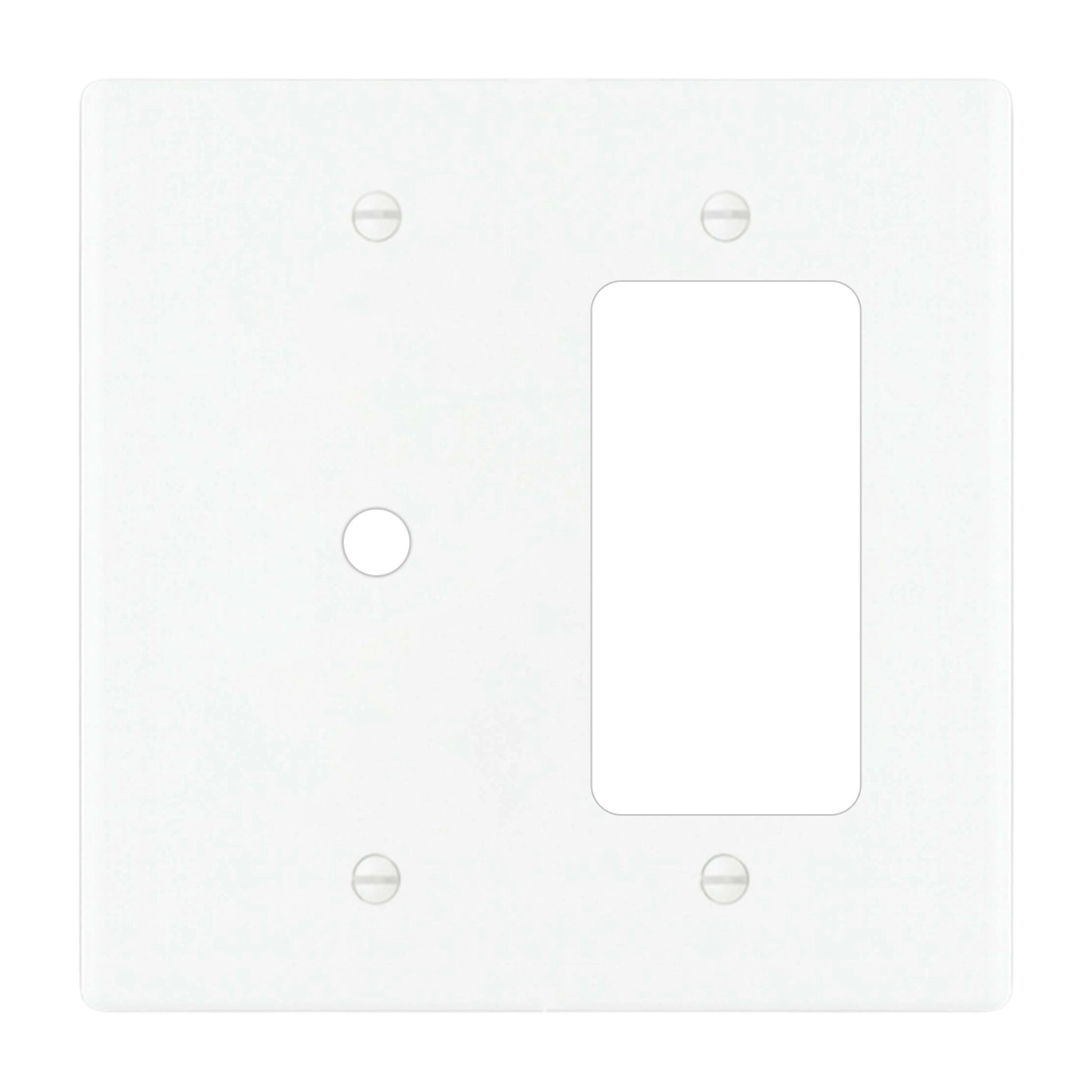 2-gang solid brass wall plate in white finish, rotary dimmer plus decorator outlet opening