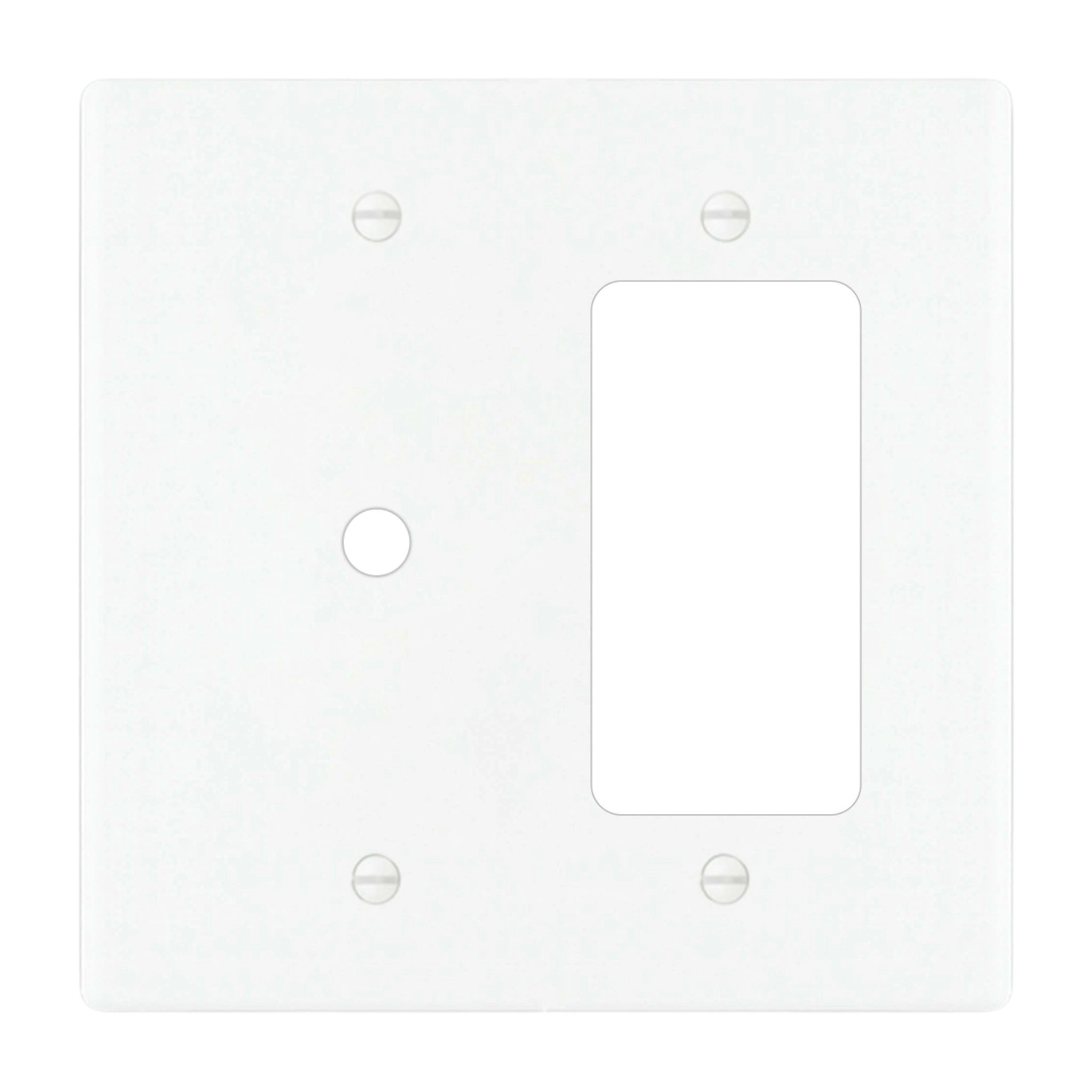 2-gang solid brass wall plate in white finish, rotary dimmer plus decorator outlet opening