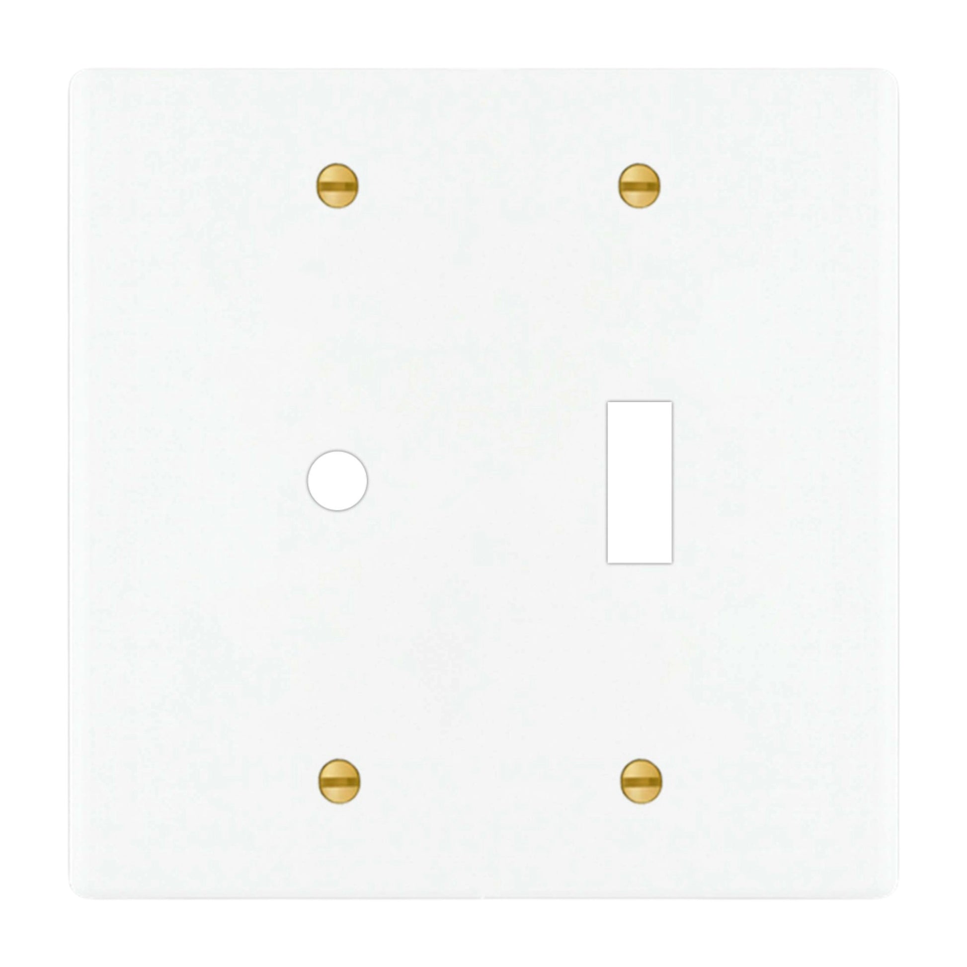 2-gang solid brass wall plate in white finish, rotary dimmer plus toggle opening