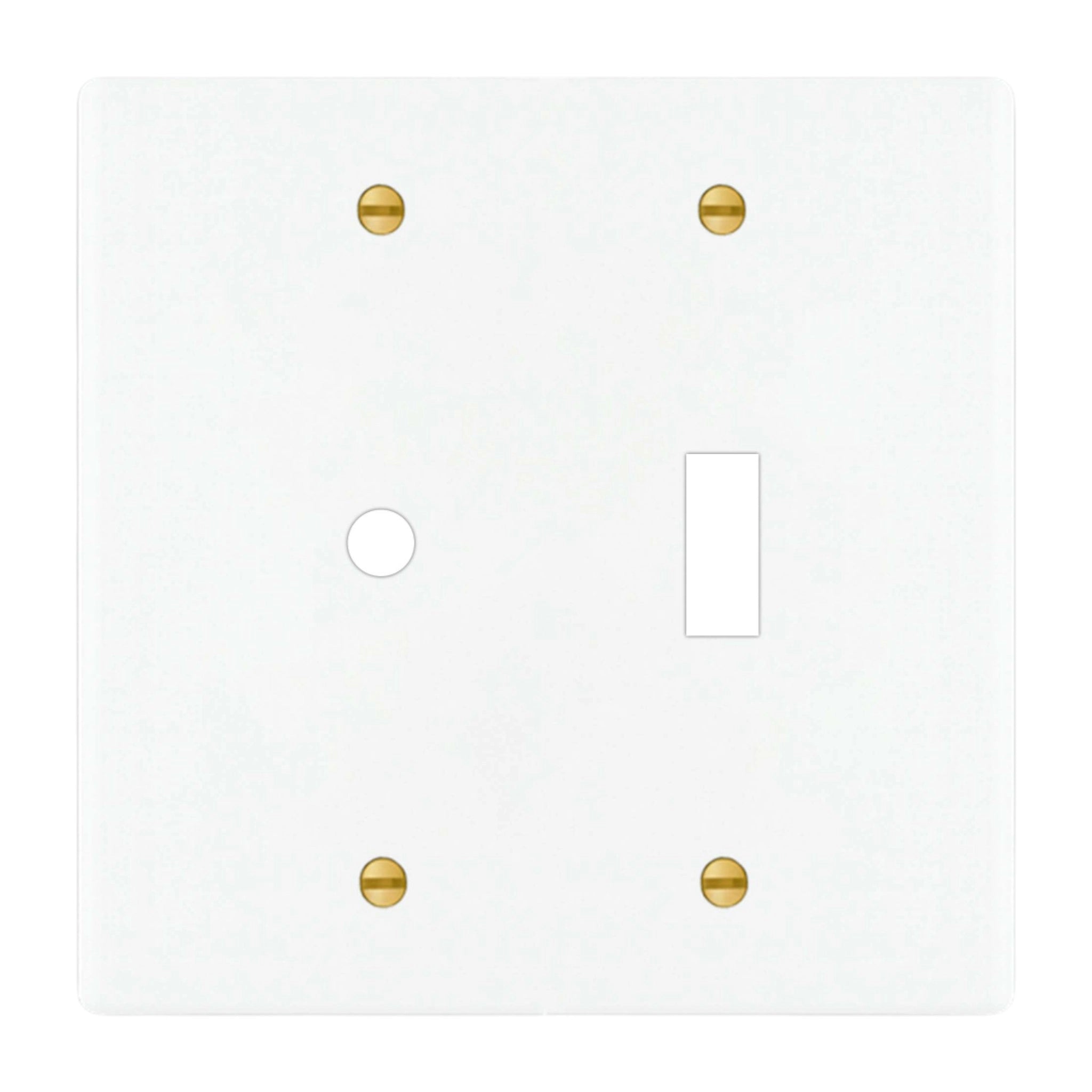 2-gang solid brass wall plate in white finish, rotary dimmer plus toggle opening