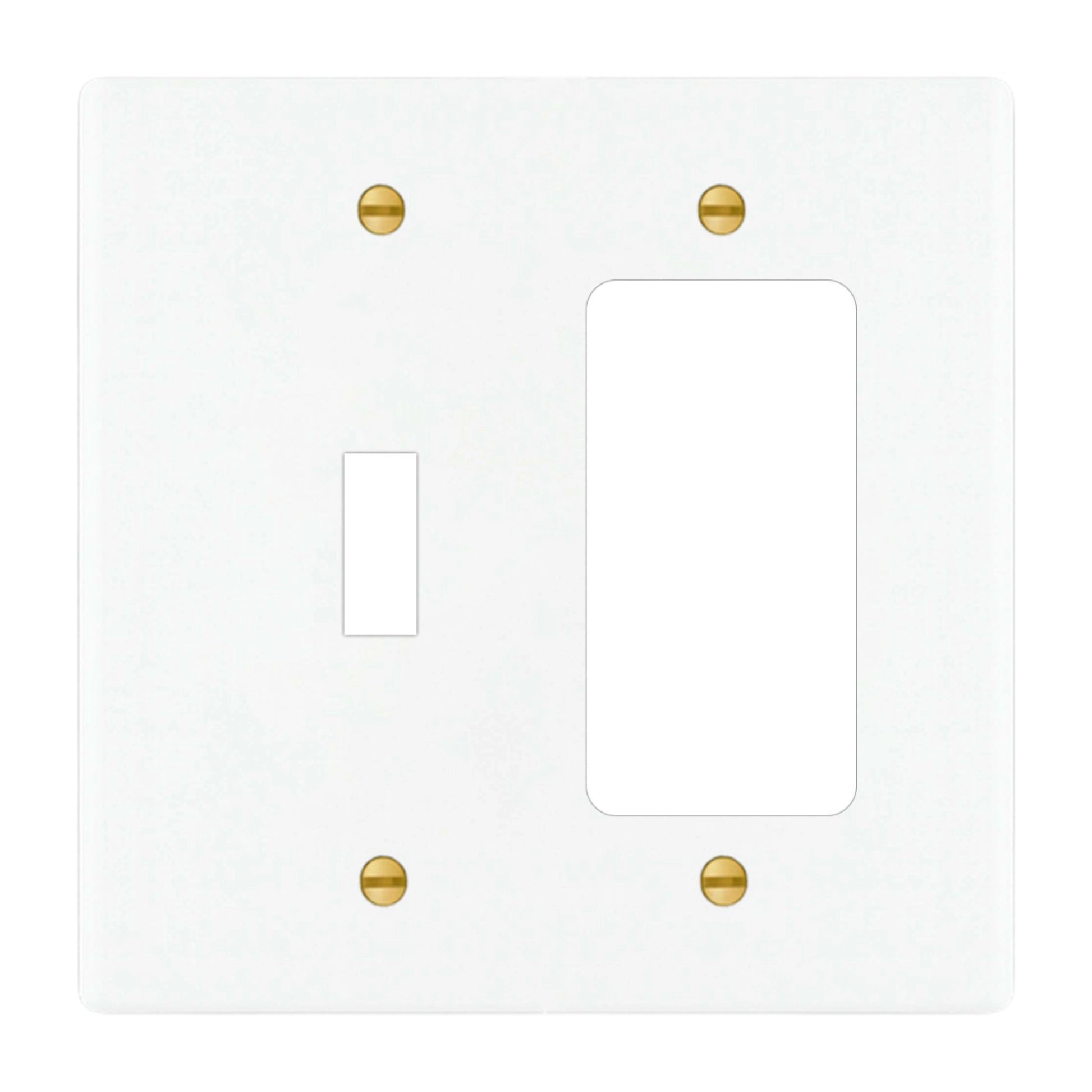 2-gang solid brass wall plate in white finish, toggle plus decora outlet opening