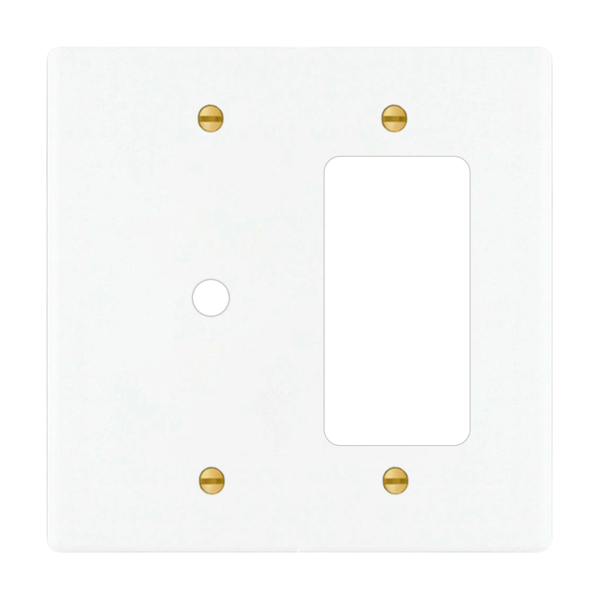 2-gang solid brass wall plate in white finish, rotary dimmer plus decorator outlet opening