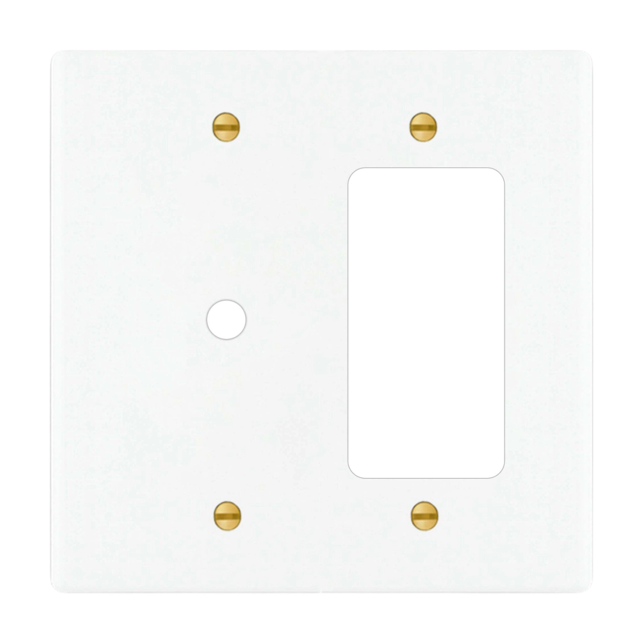 2-gang solid brass wall plate in white finish, rotary dimmer plus decorator outlet opening