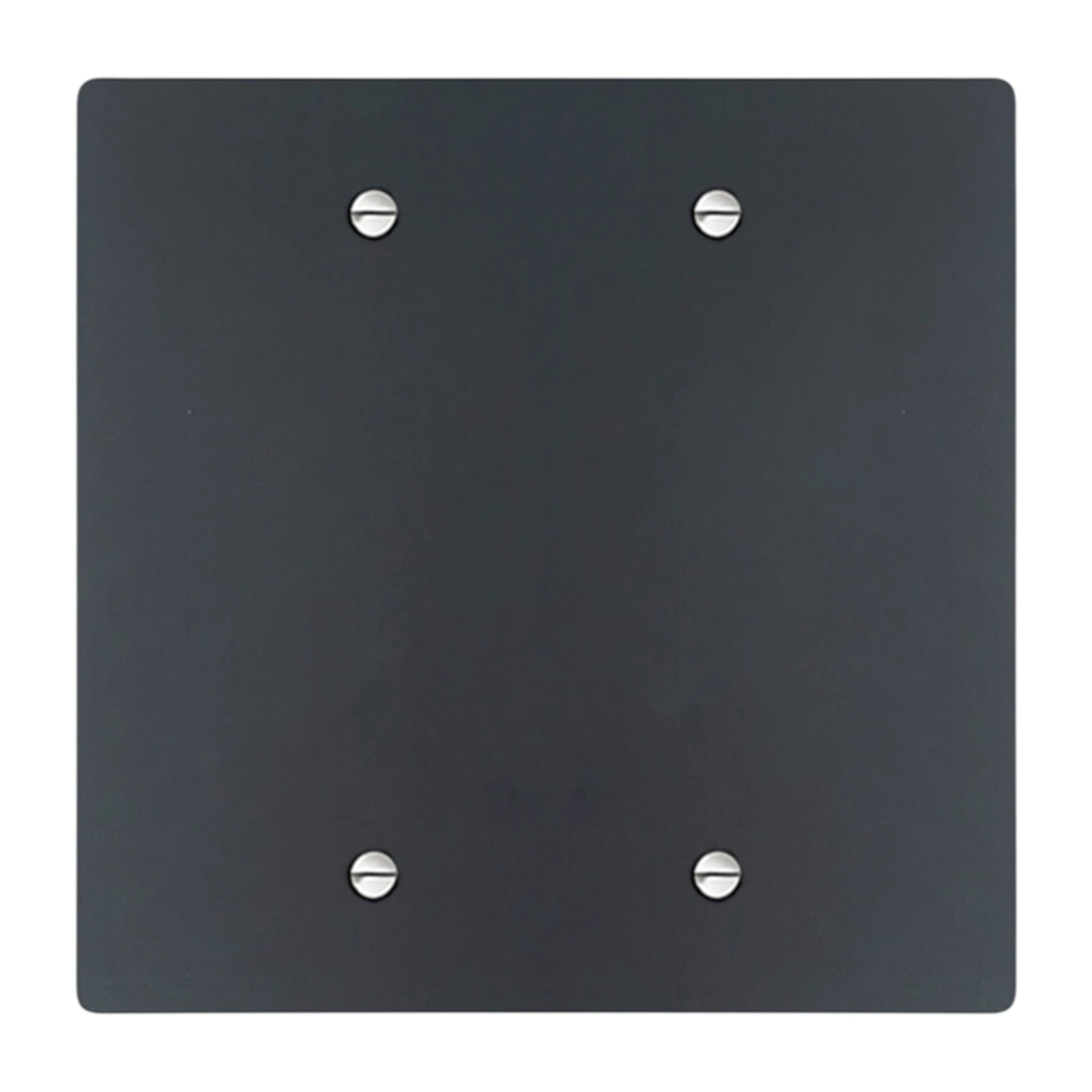 Black square wall plate with four silver screws on a white background