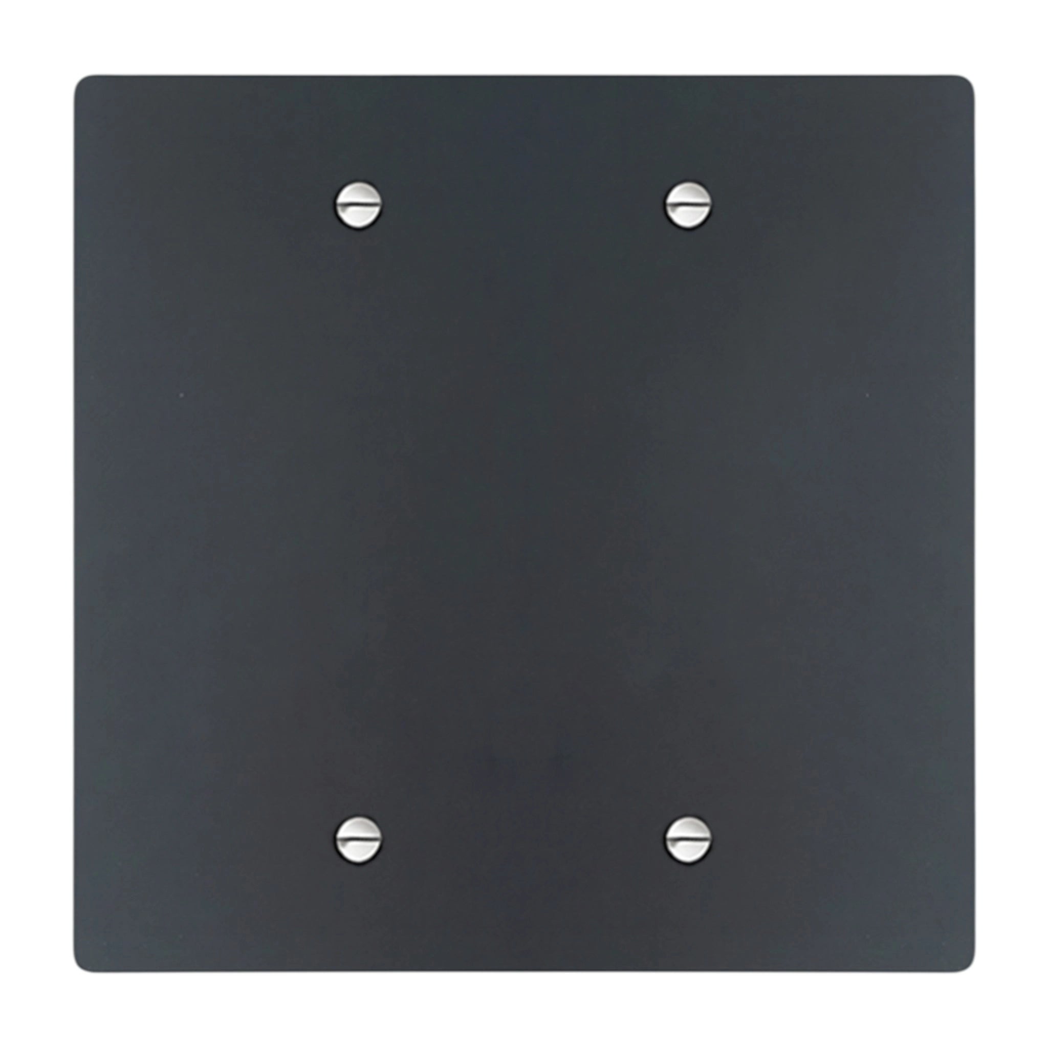 Black square wall plate with four silver screws on a white background