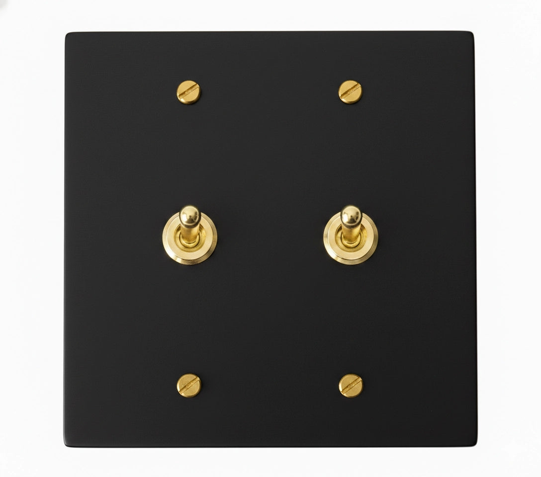 2-gang solid brass retro toggle light switch in matte black finish