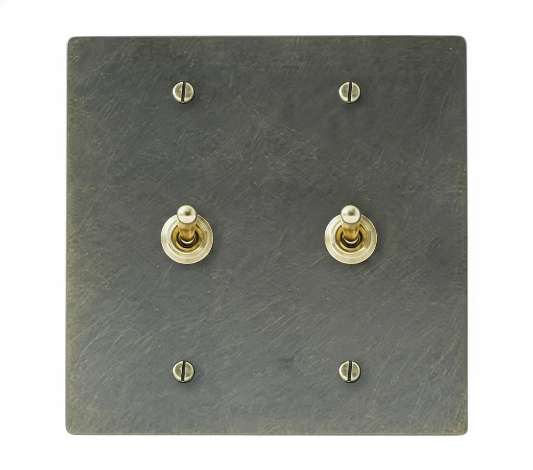 2-gang solid brass retro toggle light switch in satin brass finish