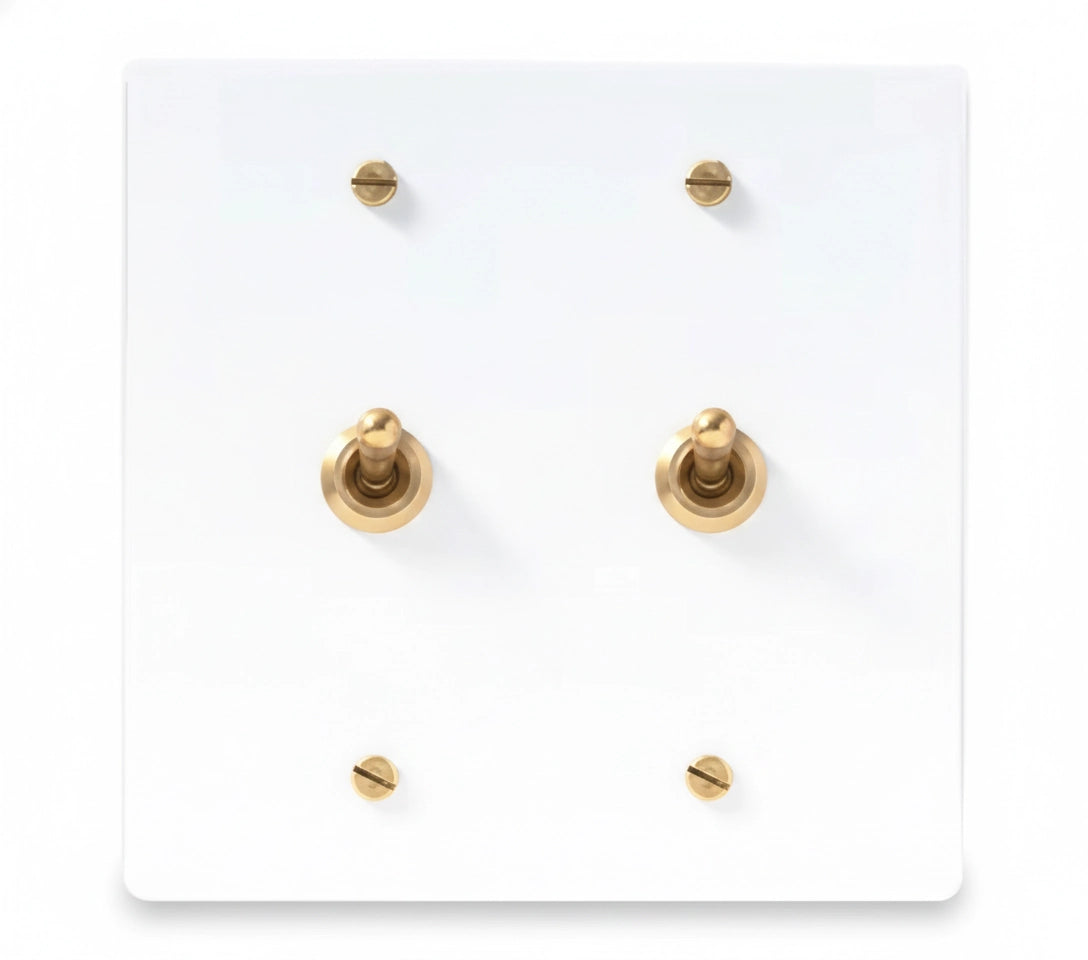 2-gang solid brass retro toggle light switch in white finish