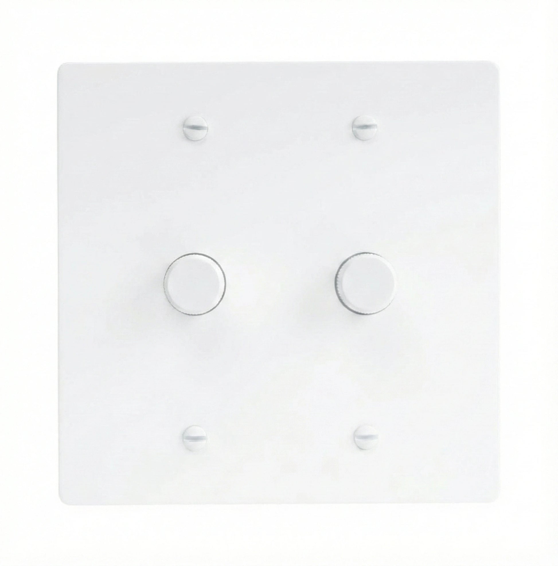 White wall plate with two rotary dimmers on a white background