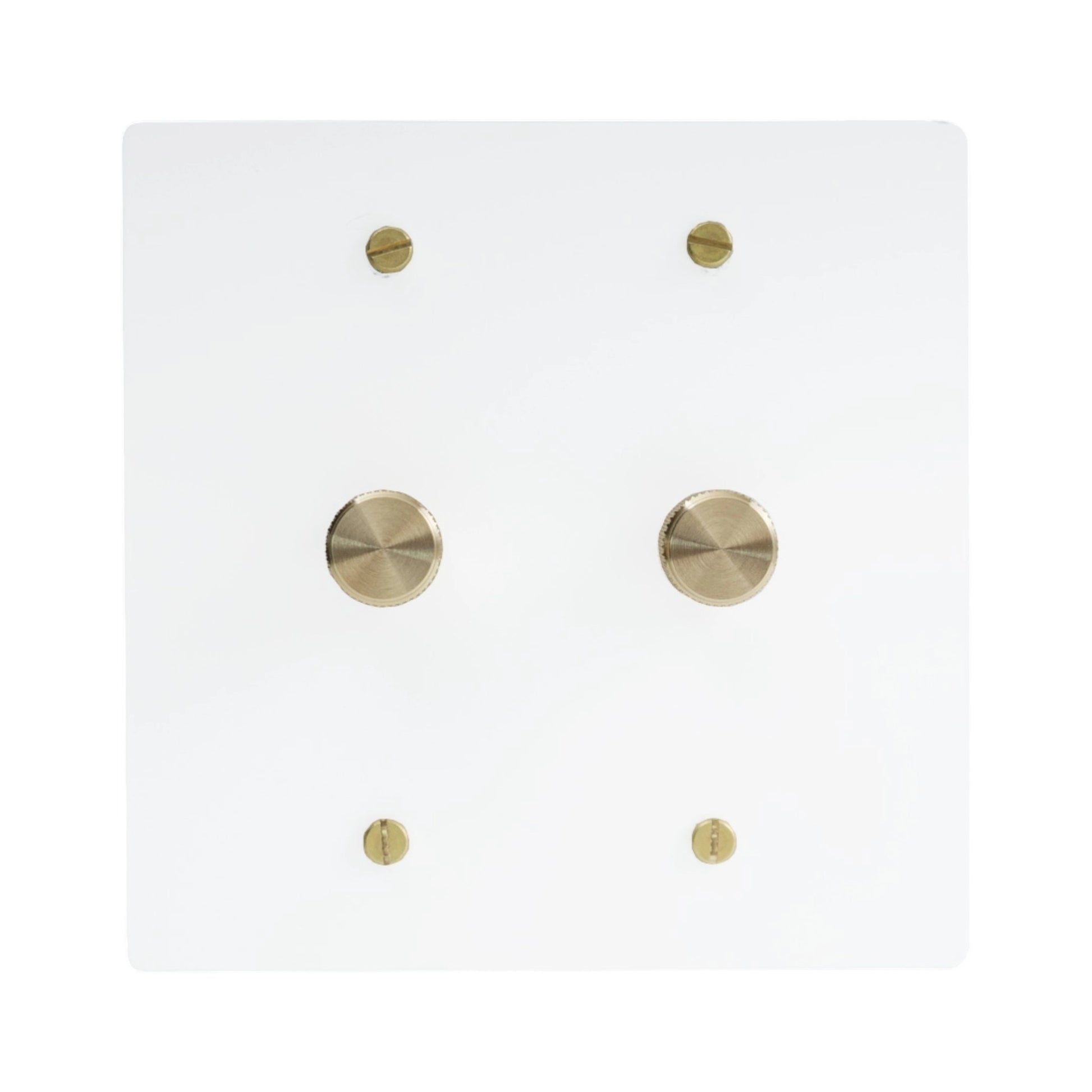 Two gang white dimmer switch plate with dual brushed brass knobs and clean modern design.