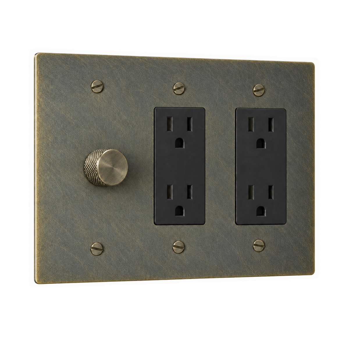 3-Gang Solid Brass 1 Rotary Dimmer + 2 Duplex Outlets in Aged Bronze (Hand-Brushed); 1 rotary dimmer + 2 duplex outlets on a white background