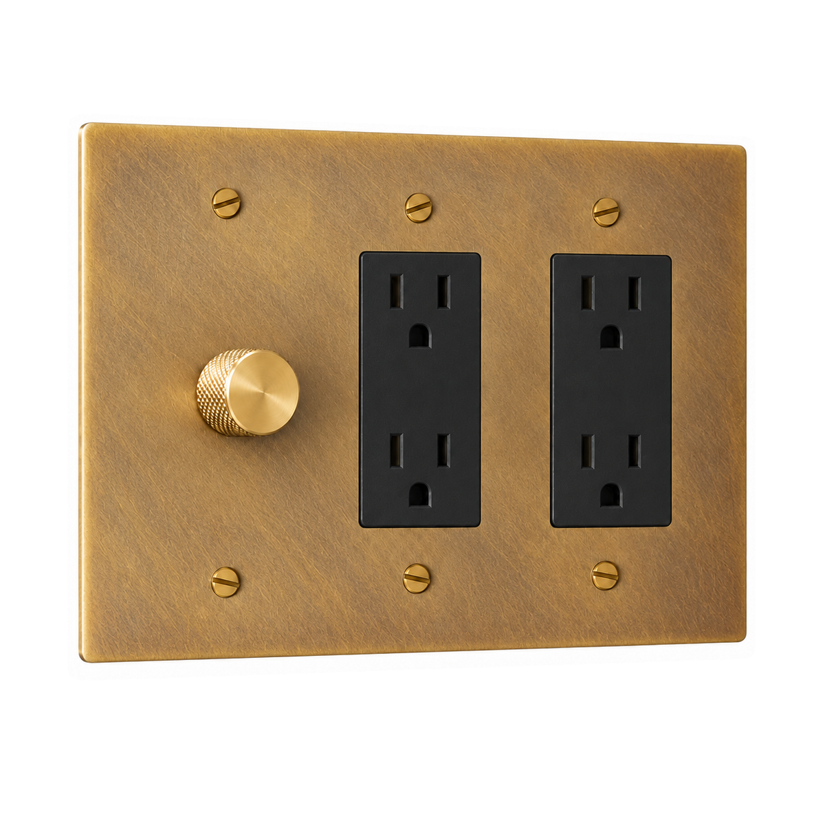 3-Gang Solid Brass 1 Rotary Dimmer + 2 Duplex Outlets in Antique Brass (Hand-Brushed); 1 rotary dimmer + 2 duplex outlets on a white background