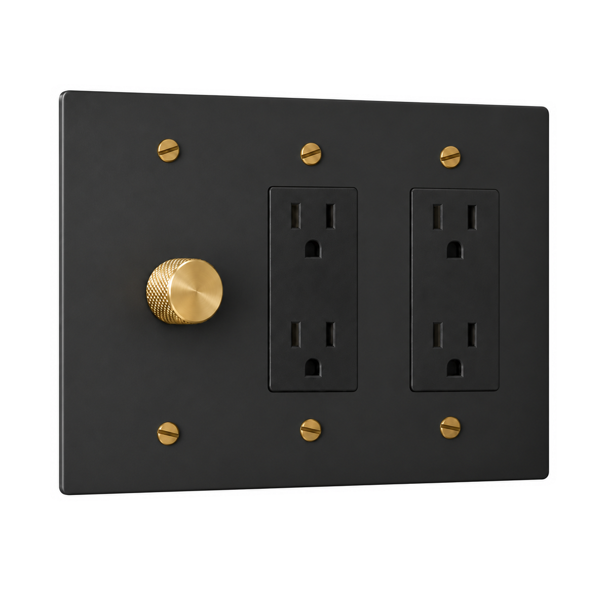 3-Gang Solid Brass 1 Rotary Dimmer + 2 Duplex Outlets in Black with Brass Accents; 1 rotary dimmer + 2 duplex outlets on a white background