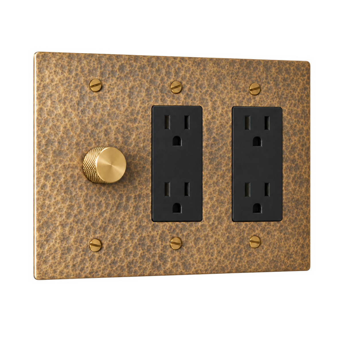 3-Gang Solid Brass 1 Rotary Dimmer + 2 Duplex Outlets in Hammered Antique Brass; 1 rotary dimmer + 2 duplex outlets on a white background