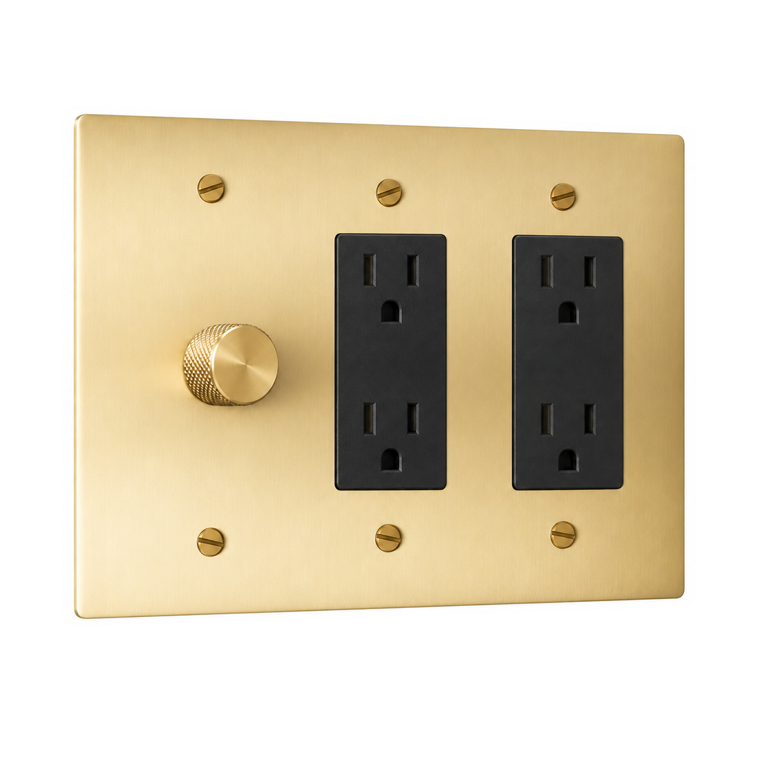 3-Gang Solid Brass 1 Rotary Dimmer + 2 Duplex Outlets in Satin Brass; 1 rotary dimmer + 2 duplex outlets on a white background