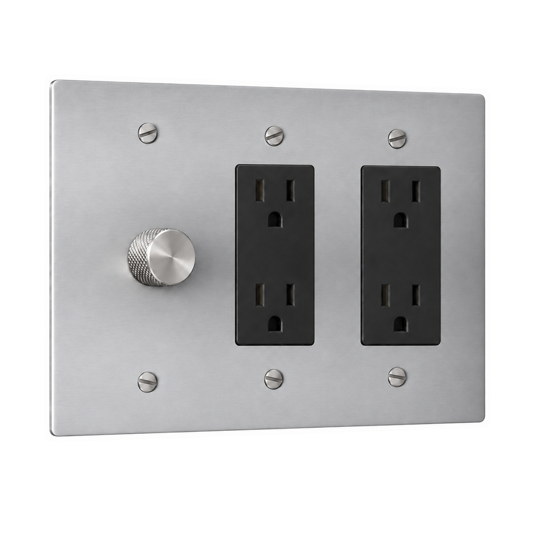 3-Gang Solid Brass 1 Rotary Dimmer + 2 Duplex Outlets in Stainless Steel; 1 rotary dimmer + 2 duplex outlets on a white background