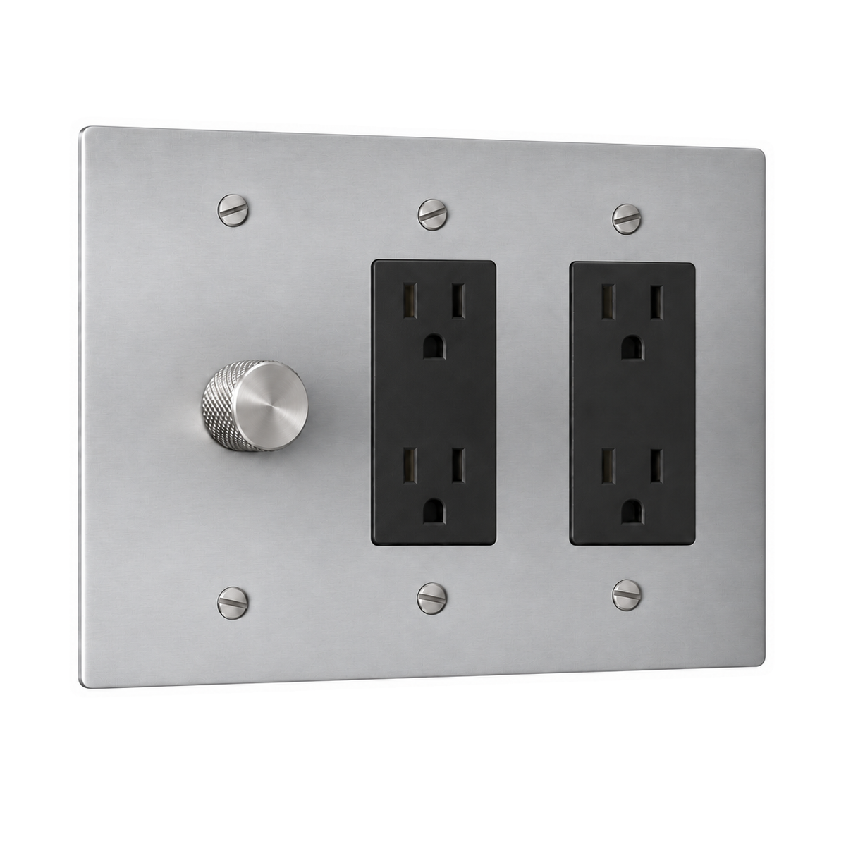 3-Gang Solid Brass 1 Rotary Dimmer + 2 Duplex Outlets in Stainless Steel; 1 rotary dimmer + 2 duplex outlets on a white background