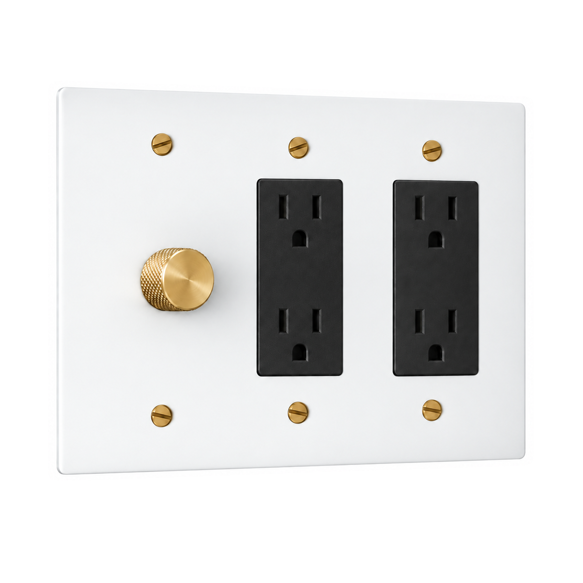3-Gang Solid Brass 1 Rotary Dimmer + 2 Duplex Outlets in White with Brass Accents; 1 rotary dimmer + 2 duplex outlets on a white background