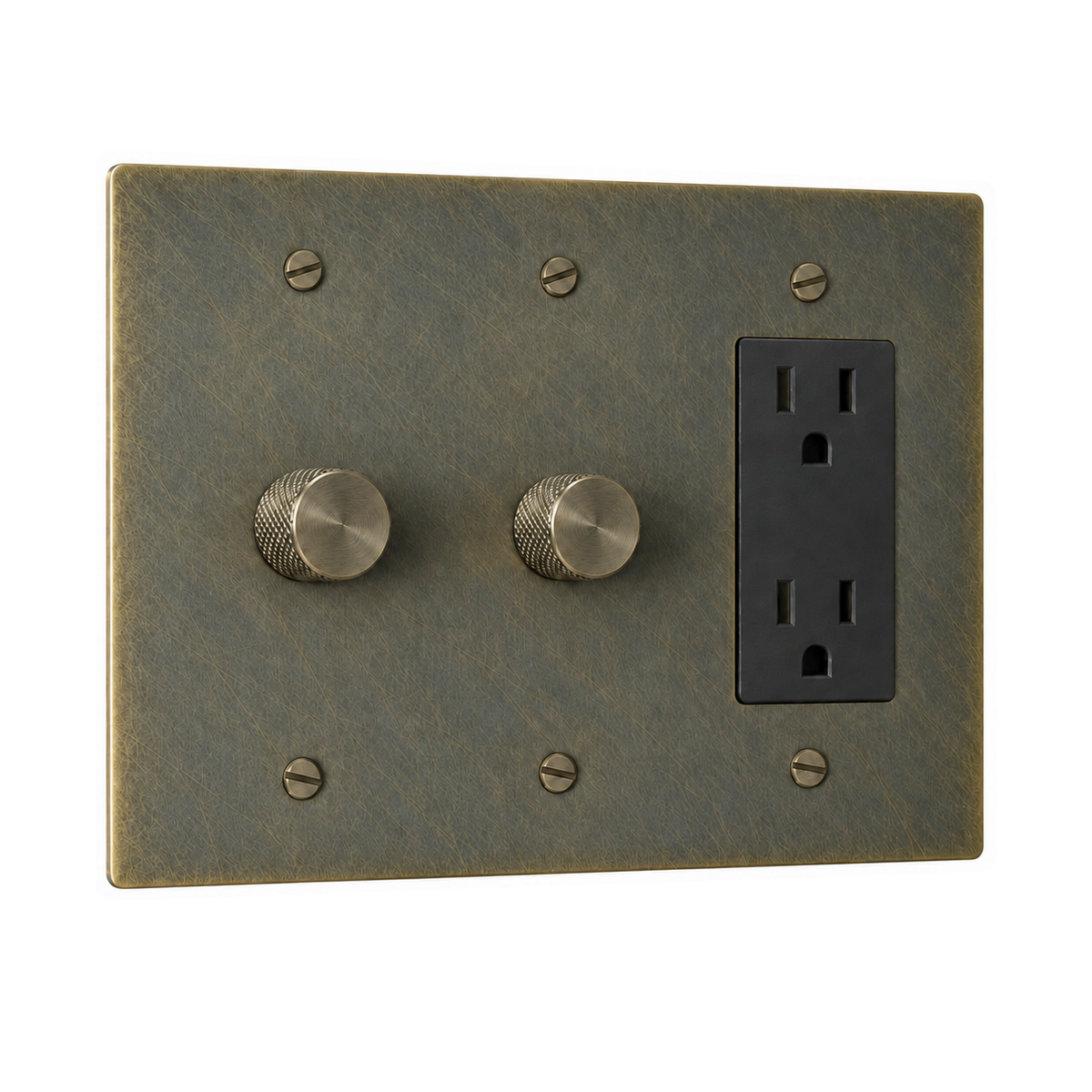 3-Gang Solid Brass 2 Rotary Dimmers + 1 Duplex Outlet in Aged Bronze (Hand-Brushed); 2 rotary dimmers + 1 duplex outlet on a white background