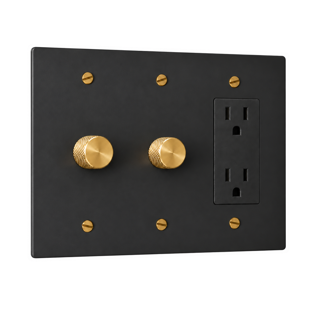 3-Gang Solid Brass 2 Rotary Dimmers + 1 Duplex Outlet in Black with Brass Accents; 2 rotary dimmers + 1 duplex outlet on a white background