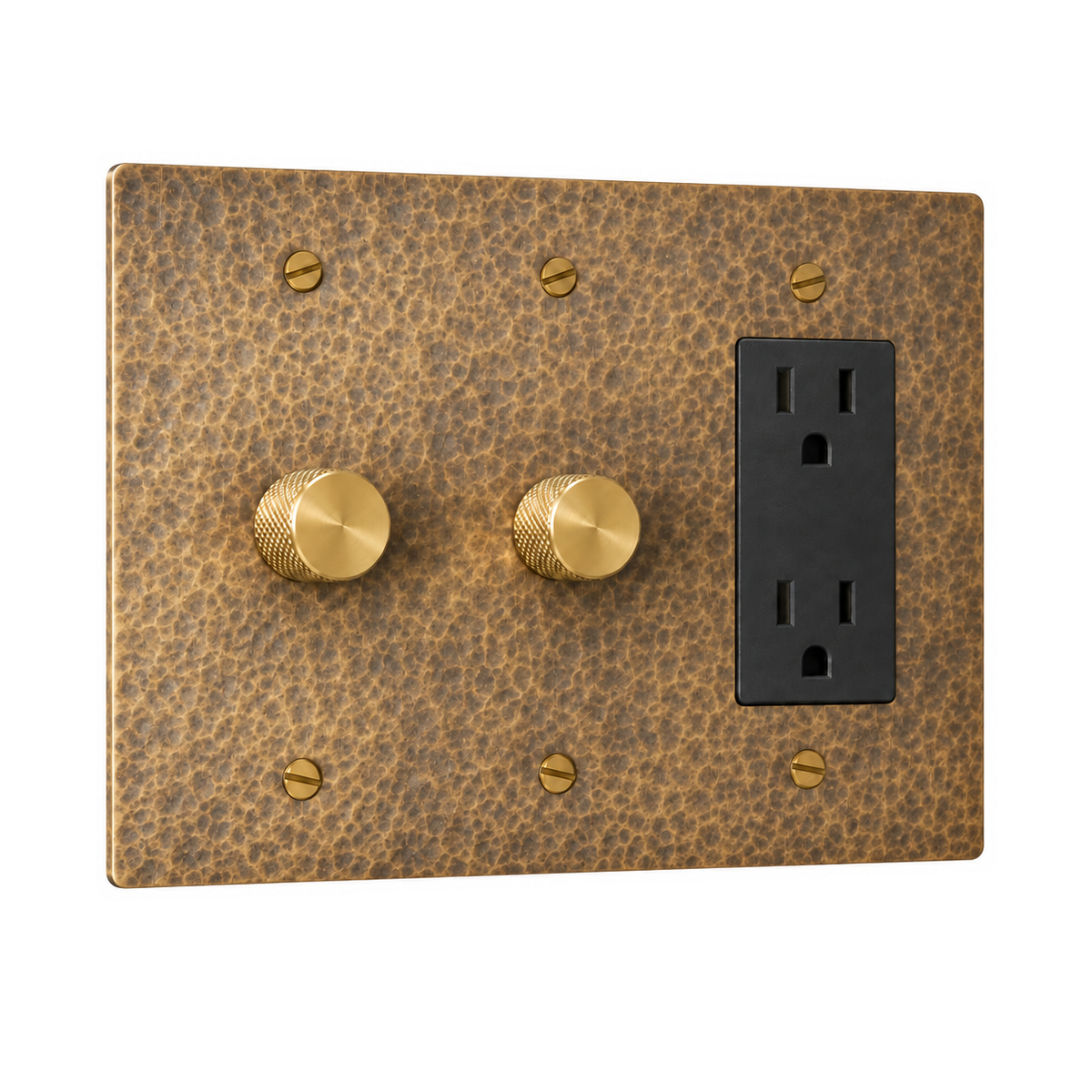 3-Gang Solid Brass 2 Rotary Dimmers + 1 Duplex Outlet in Hammered Antique Brass; 2 rotary dimmers + 1 duplex outlet on a white background