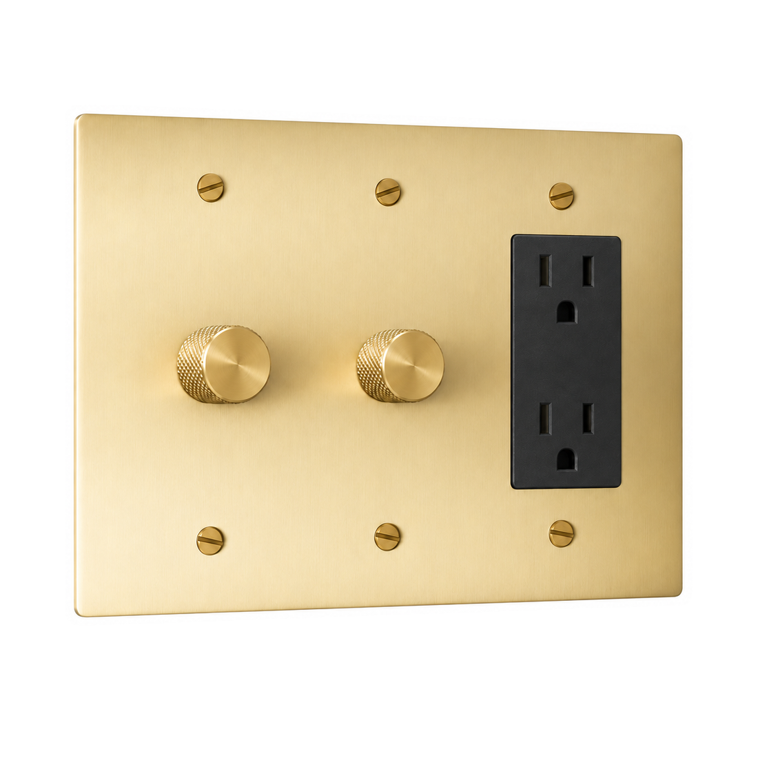 3-Gang Solid Brass 2 Rotary Dimmers + 1 Duplex Outlet in Satin Brass; 2 rotary dimmers + 1 duplex outlet on a white background