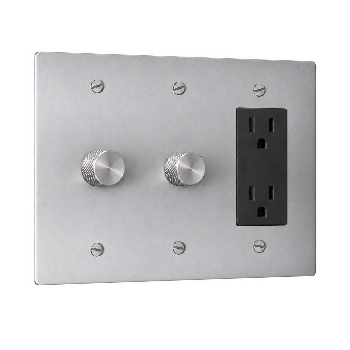 3-Gang Solid Brass 2 Rotary Dimmers + 1 Duplex Outlet in Stainless Steel; 2 rotary dimmers + 1 duplex outlet on a white background