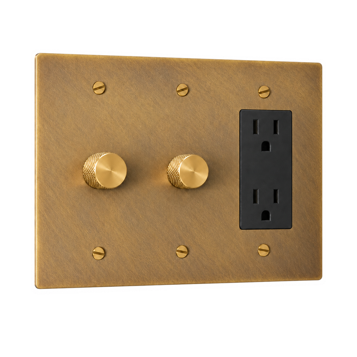 3-Gang Solid Brass 2 Rotary Dimmers + 1 Duplex Outlet in Unlacquered Antique Brass (Hand-Brushed); 2 rotary dimmers + 1 duplex outlet on a white background